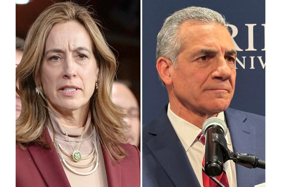 FILE - In this photo combo Rep. Mikie Sherrill, D-N.J., left, speaking during a news conference, Feb. 13, 2024, in Washington and former Assemblyman Jack Ciattarelli speaking, Feb. 4, 2025, at Rider University in Lawrenceville, N.J. (AP Photo/Mariam Zuhaib, Mike Catalini, file)
