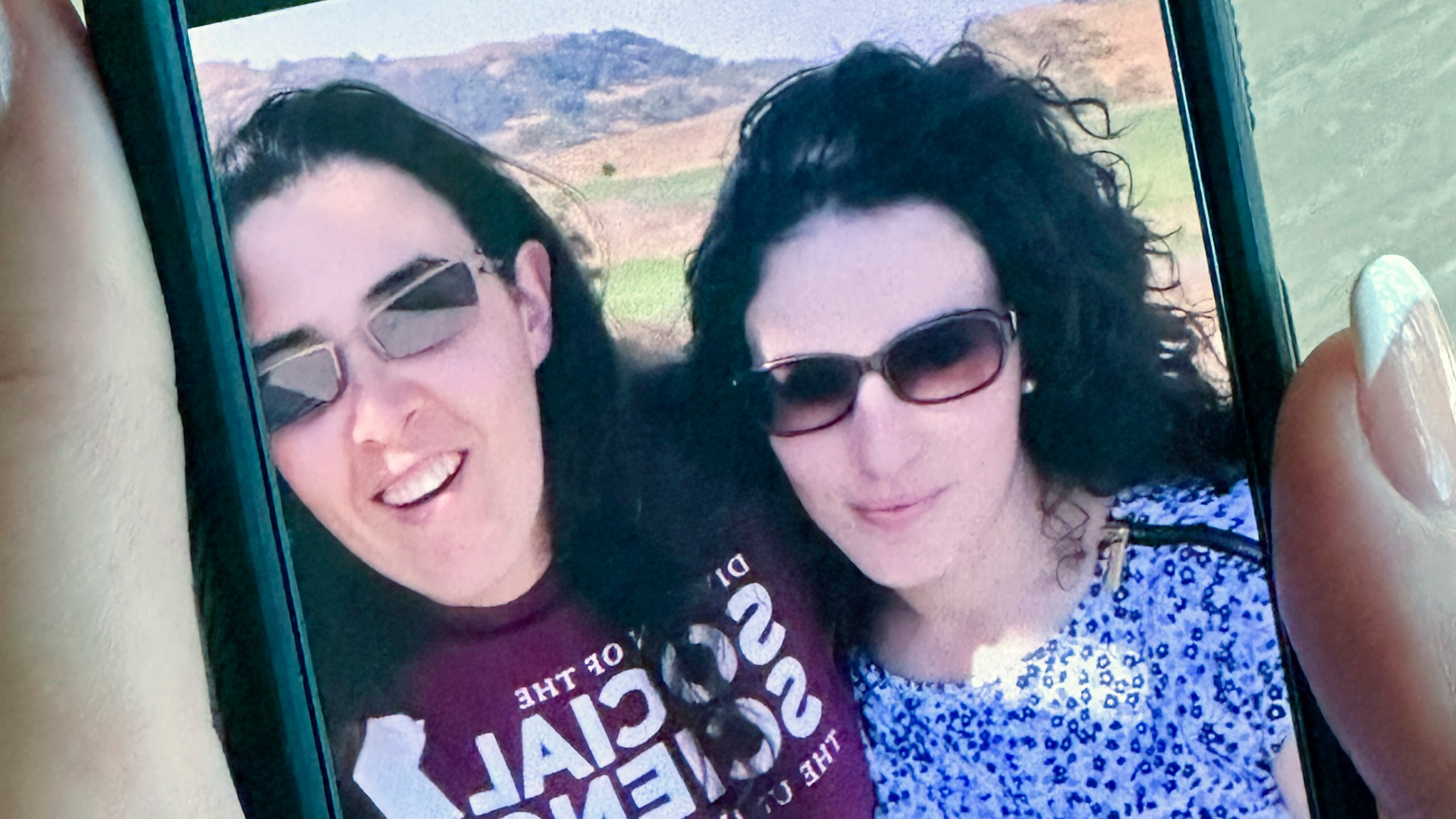 FILE - In this Sept., 2018 selfie image provided by Emma Tsurkov, right, she and her sister Elizabeth Tsurkov are shown in Santa Clara Valley, Calif. (AP Photo/Eric Tucker, File)
