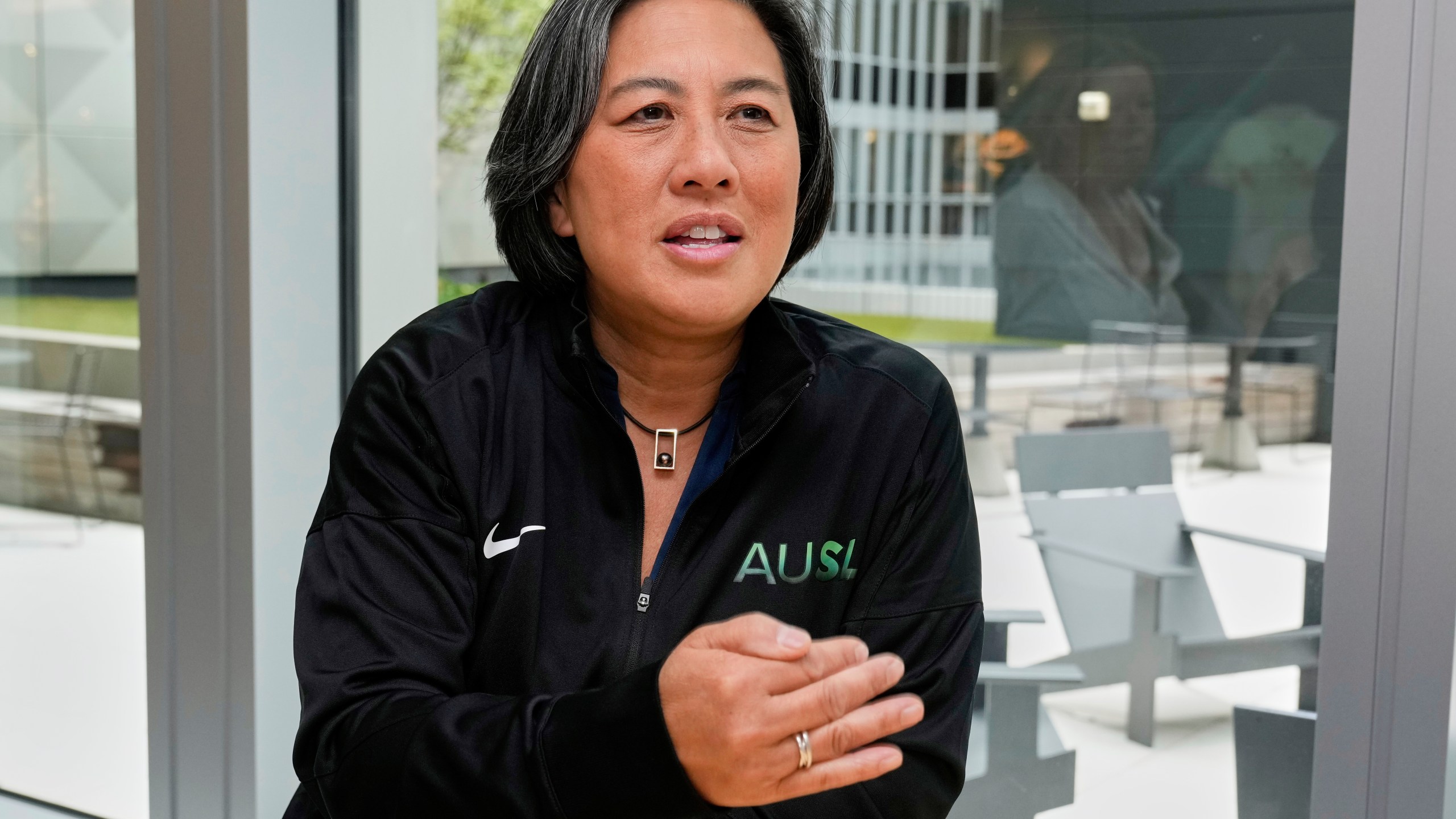 Athletes Unlimited Softball League Commissioner Kim Ng, a former Major League Baseball executive, is interviewed at Major League Baseball's headquarters in New York, Thursday, May 29, 2025. (AP Photo/Richard Drew)