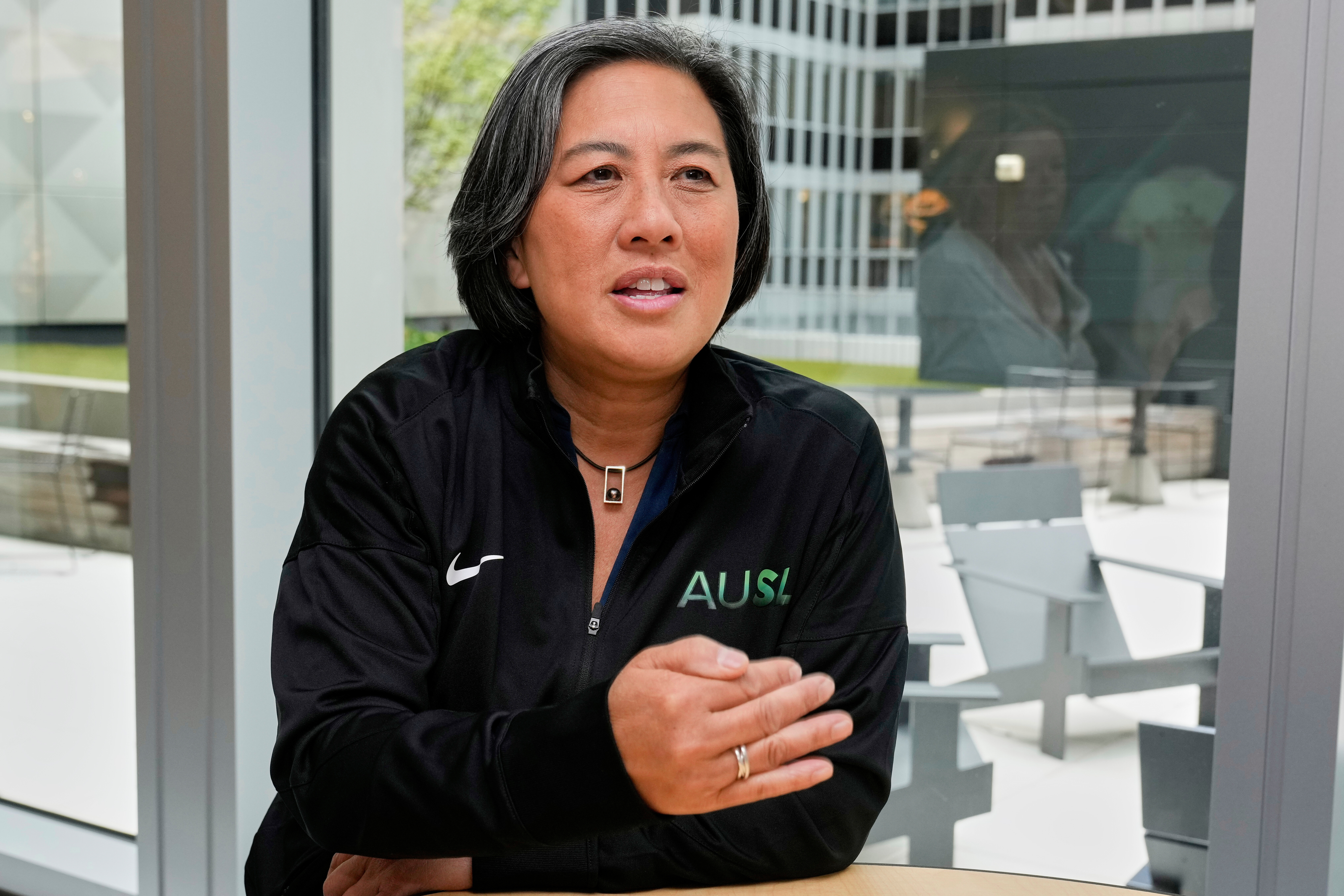 Athletes Unlimited Softball League Commissioner Kim Ng, a former Major League Baseball executive, is interviewed at Major League Baseball's headquarters in New York, Thursday, May 29, 2025. (AP Photo/Richard Drew)