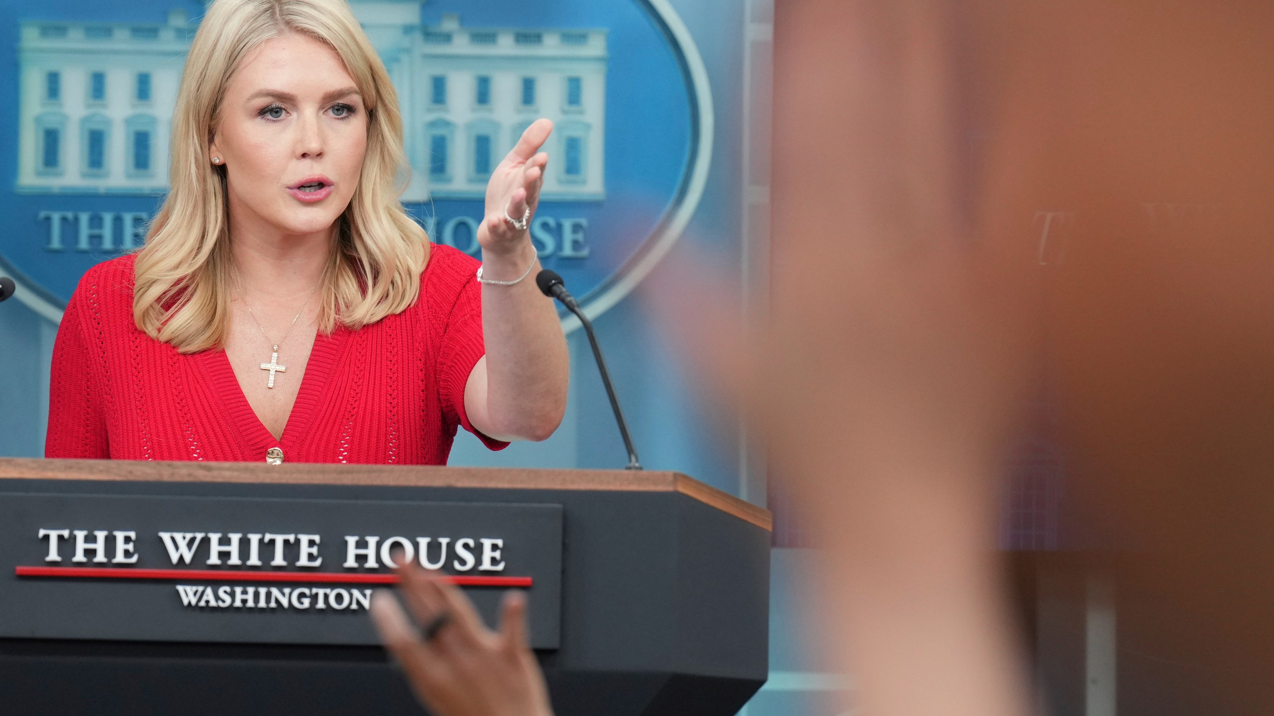 White House press secretary Karoline Leavitt speaks with reporters in the James Brady Press Briefing Room at the White House, Thursday, May 29, 2025, in Washington. (AP Photo/Jacquelyn Martin)