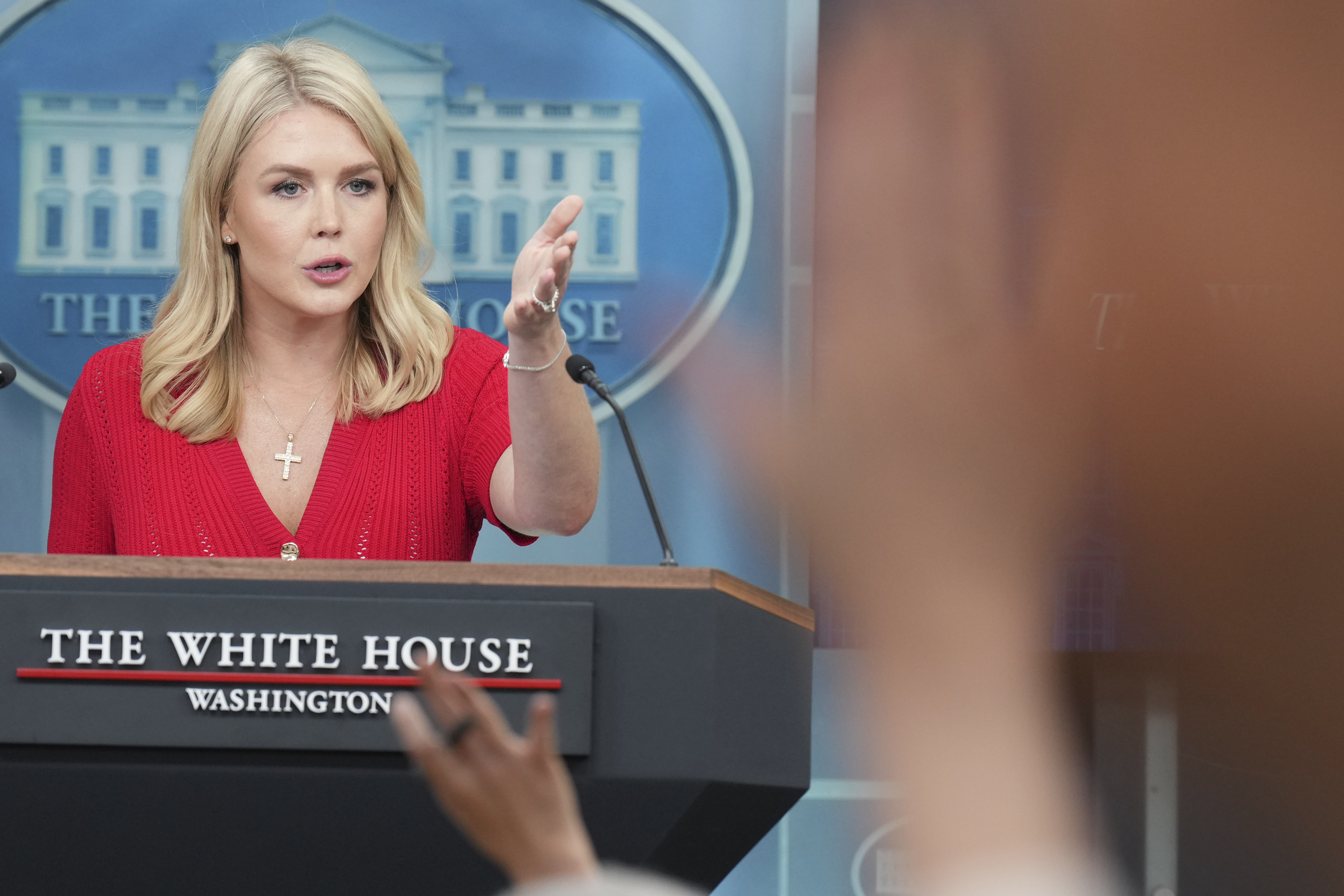 White House press secretary Karoline Leavitt speaks with reporters in the James Brady Press Briefing Room at the White House, Thursday, May 29, 2025, in Washington. (AP Photo/Jacquelyn Martin)