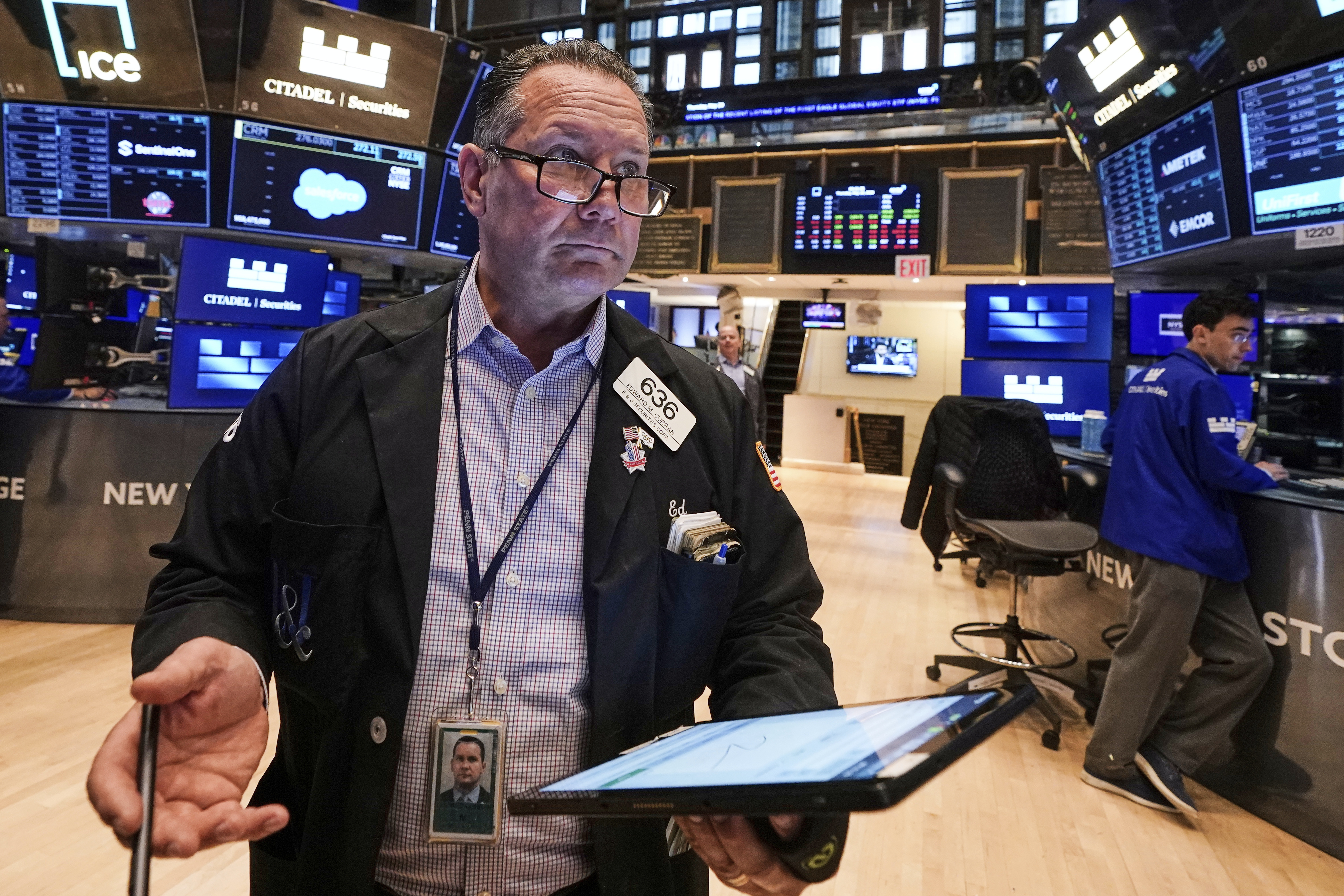 Trader Edward Curran works on the floor of the New York Stock Exchange, Thursday, May 29, 2025. (AP Photo/Richard Drew)