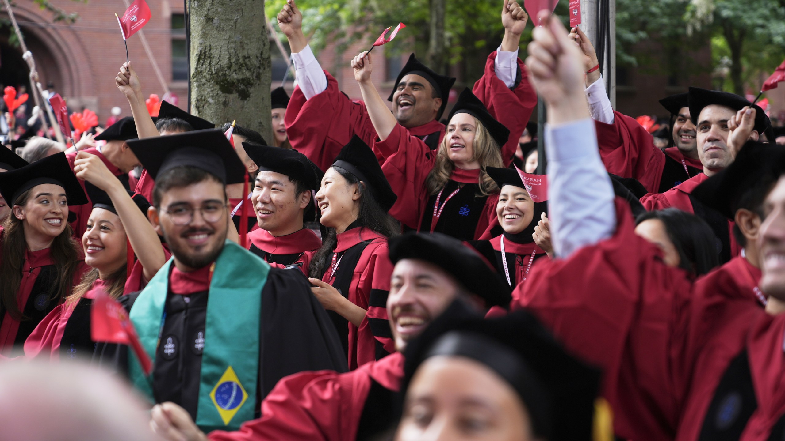 Students cheer during Harvard University's commencement ceremonies, Thursday, May 29, 2025 in Cambridge, Mass. (AP Photo/Charles Krupa)