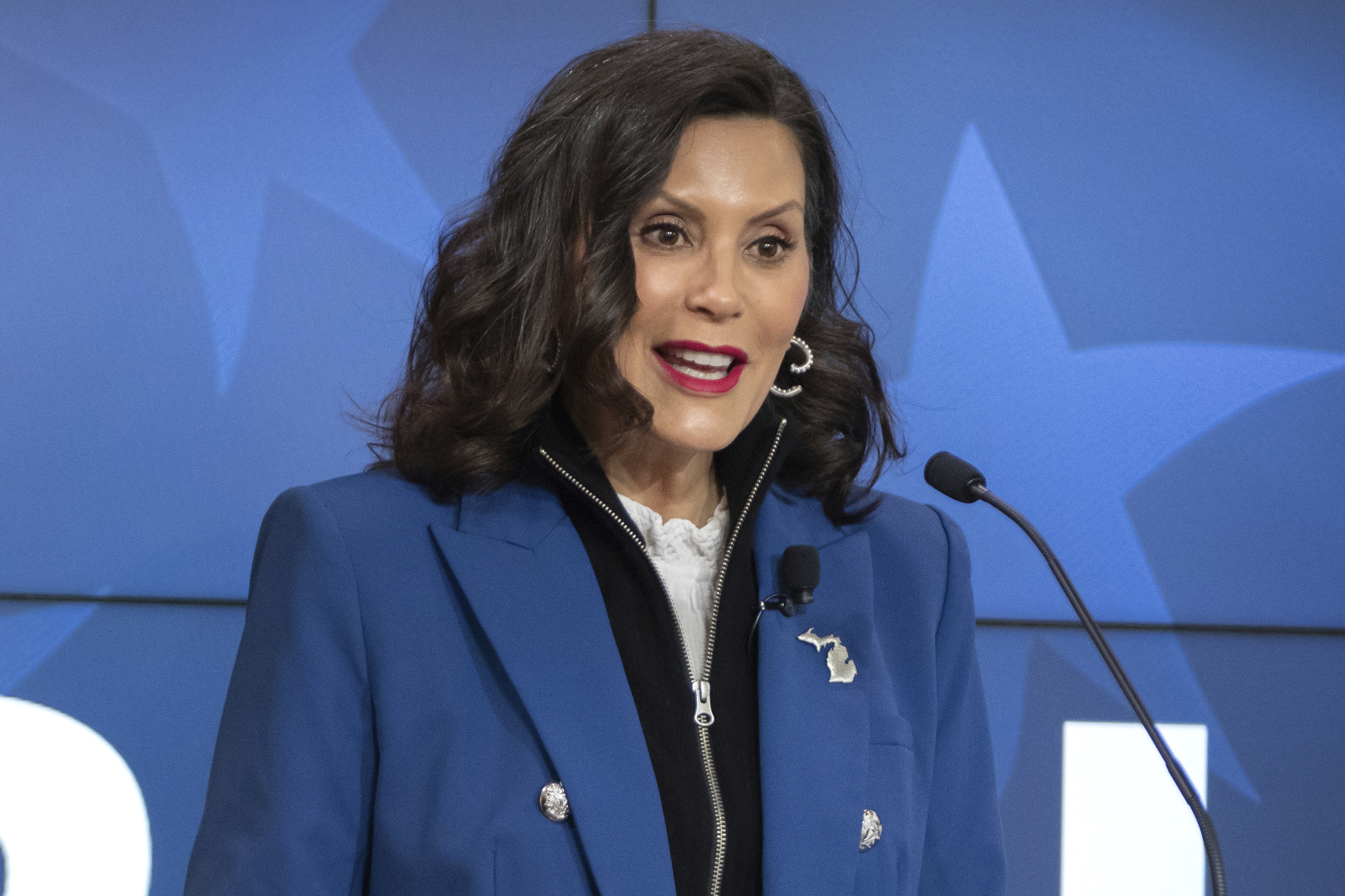 FILE - Michigan Gov. Gretchen Whitmer gives a policy speech at an event, April 9, 2025, in Washington. (AP Photo/Mark Schiefelbein, File)