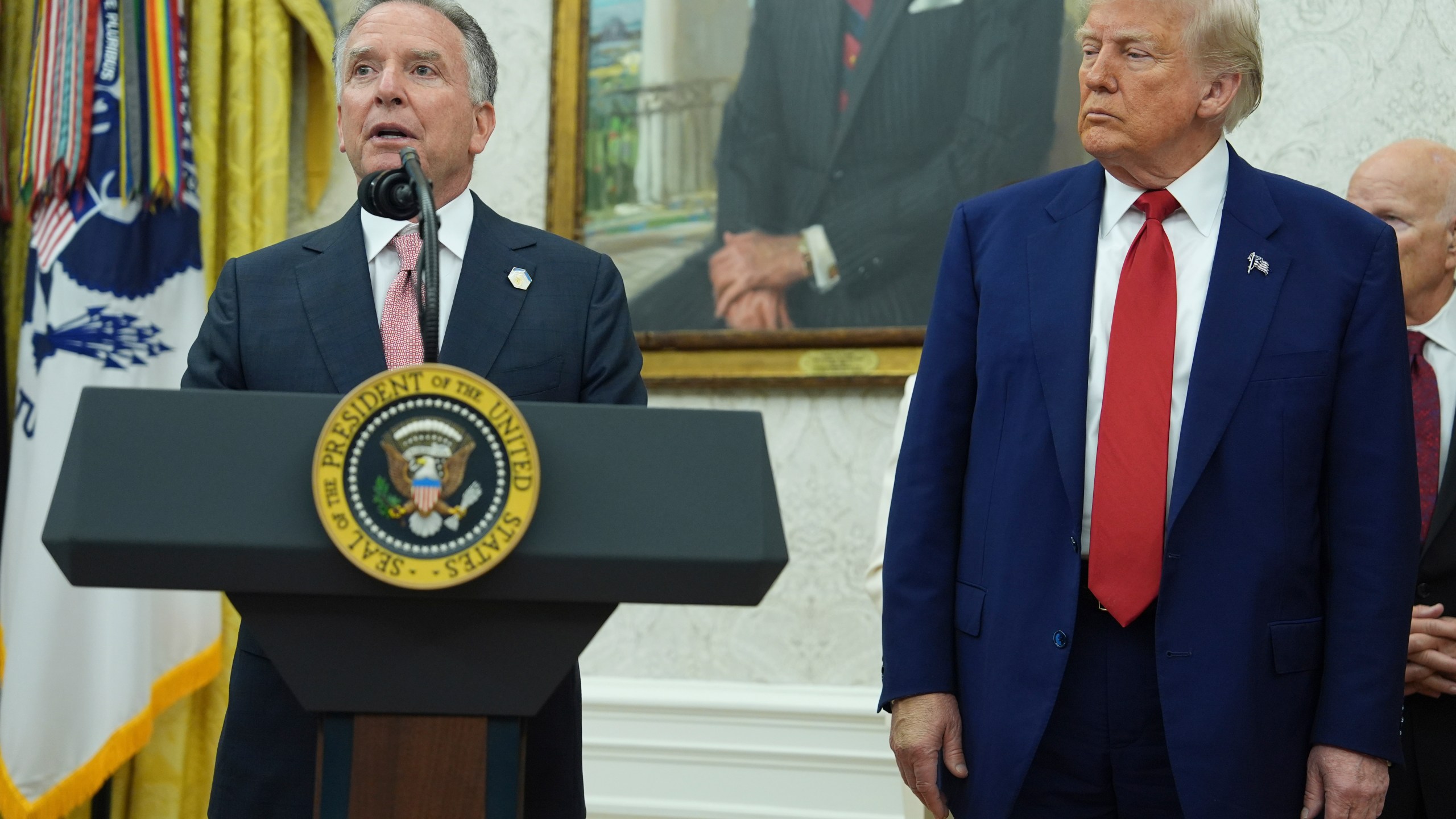 President Donald Trump, right, listens as White House special envoy Steve Witkoff, left, speaks during a swearing in ceremony for interim U.S. Attorney General for the District of Columbia Jeanine Pirro, Wednesday, May 28, 2025, in the Oval Office of the White House in Washington. (AP Photo/Evan Vucci)