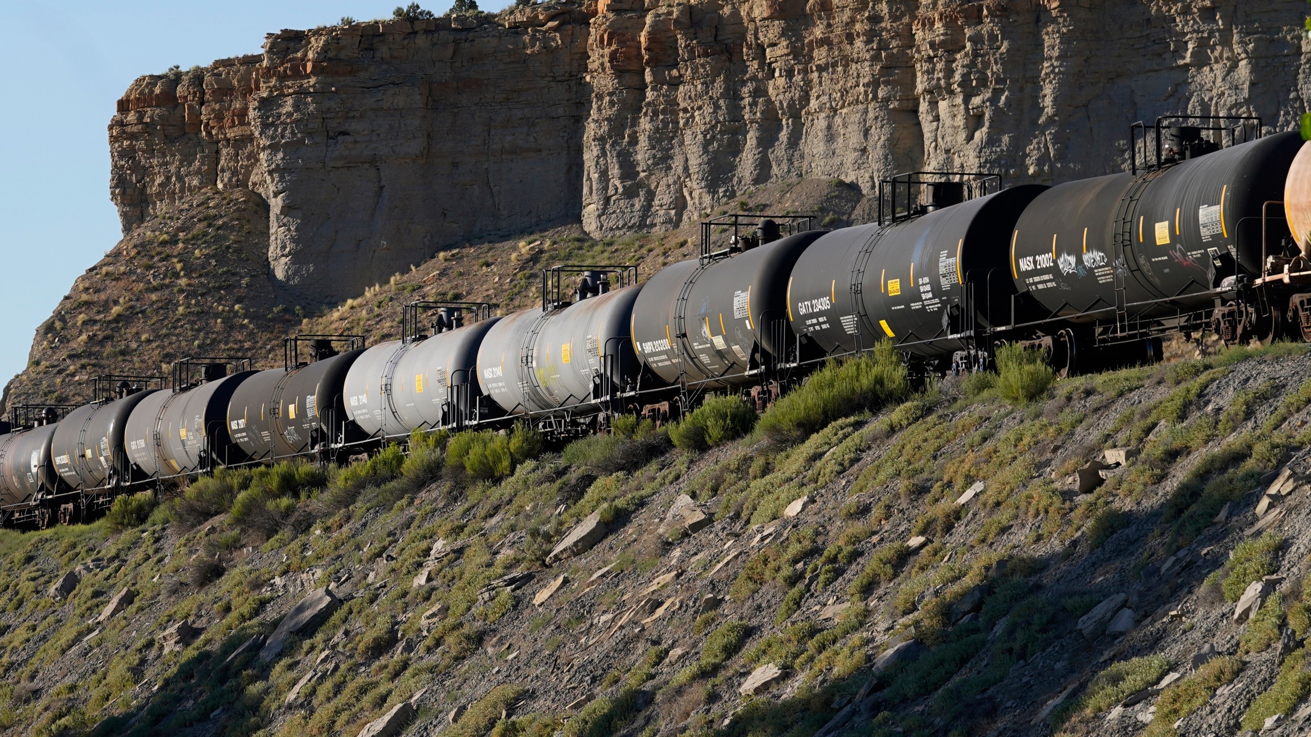 FILE - A train transports freight on a common carrier line near Price, Utah, July 13, 2023. (AP Photo/Rick Bowmer, File)