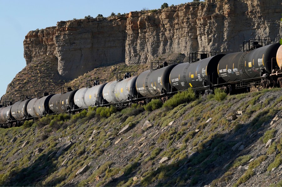 FILE - A train transports freight on a common carrier line near Price, Utah, July 13, 2023. (AP Photo/Rick Bowmer, File)
