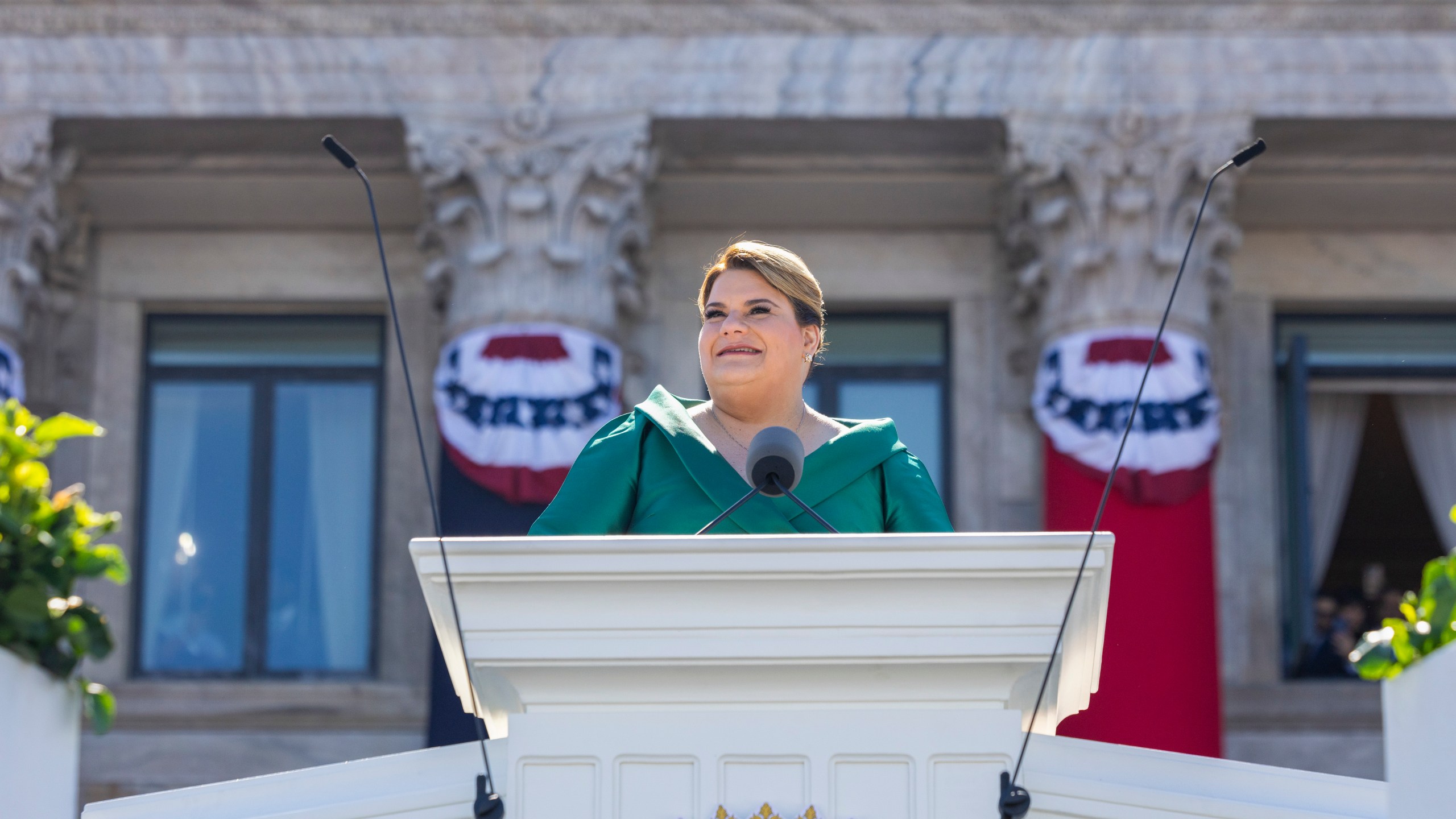 FILE - Jenniffer Gonzalez speaks after she was sworn in as governor outside the Capitol in San Juan, Puerto Rico, Jan. 2, 2025. (AP Photo/Alejandro Granadillo, File)