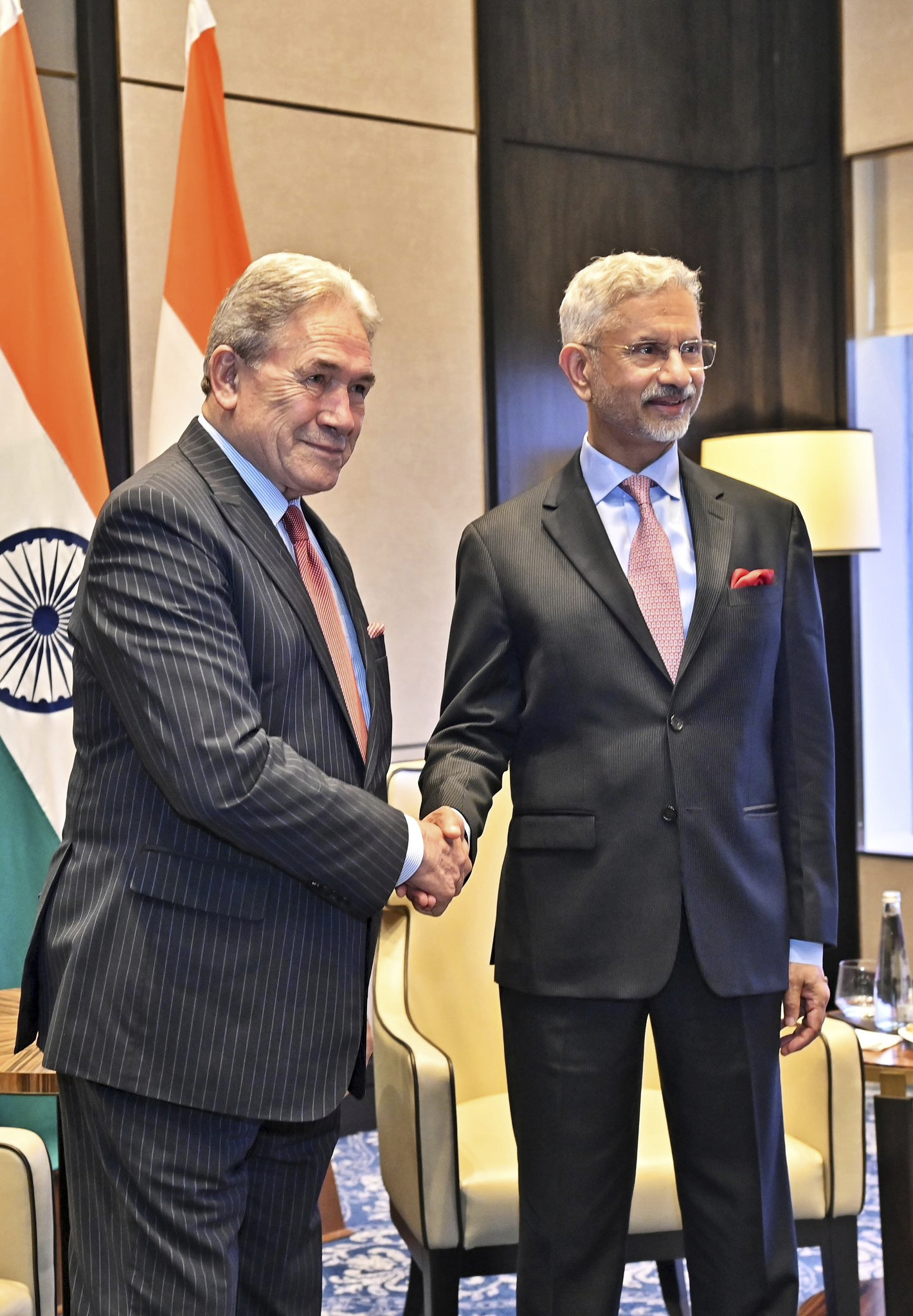 Indian Foreign Minister S. Jaishankar, right, poses for a photograph with New Zealand's Deputy Prime Minister and Foreign Minister Winston Peters in New Delhi, India, Thursday, May 29, 2025. (Indian Foreign Minister S. Jaishankar on X, via AP)