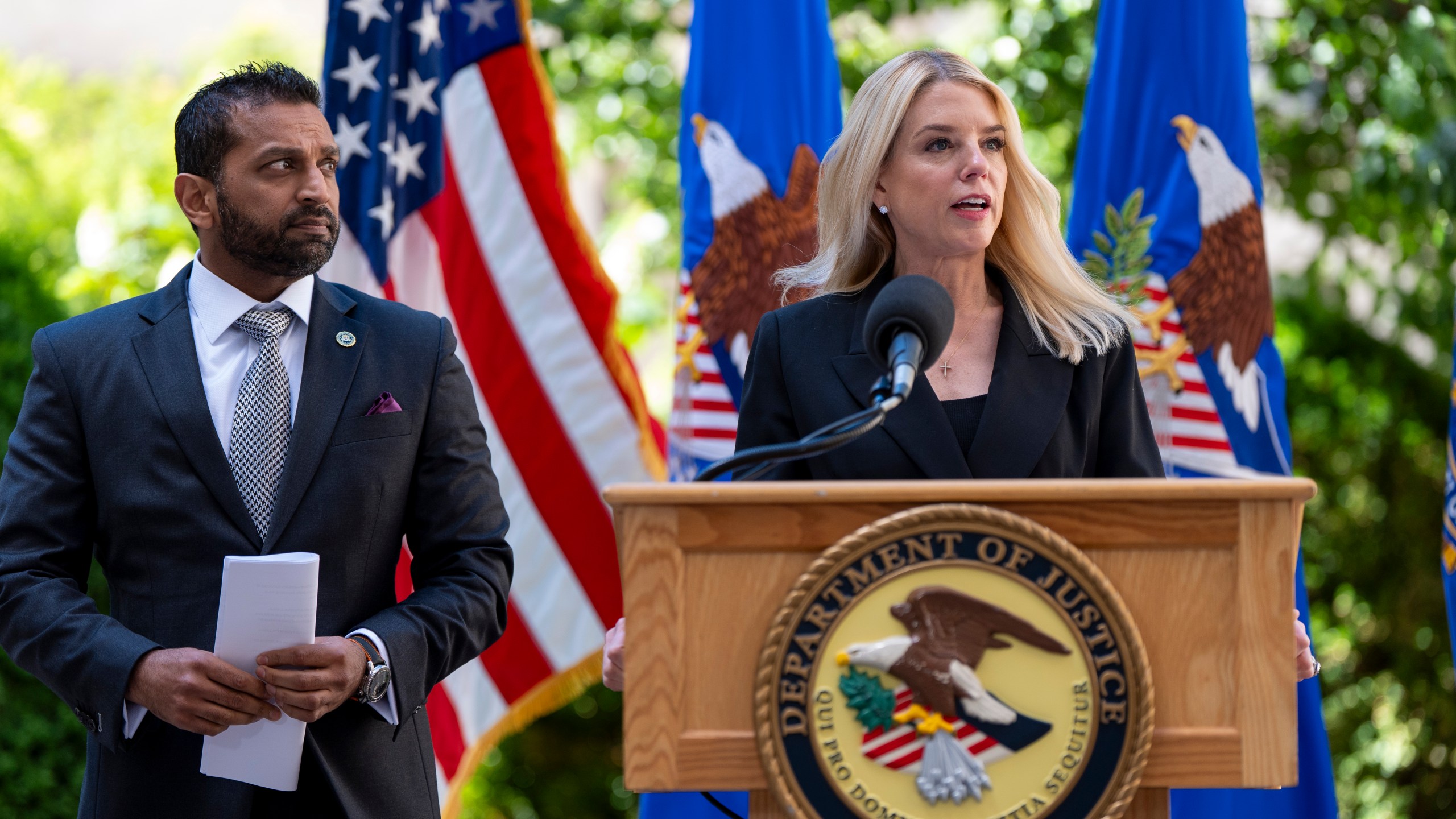 Attorney General Pam Bondi, right, and FBI Director Kash Patel speak during a news conference at the Department of Justice, Wednesday, May 7, 2025, in Washington. (AP Photo/Alex Brandon)