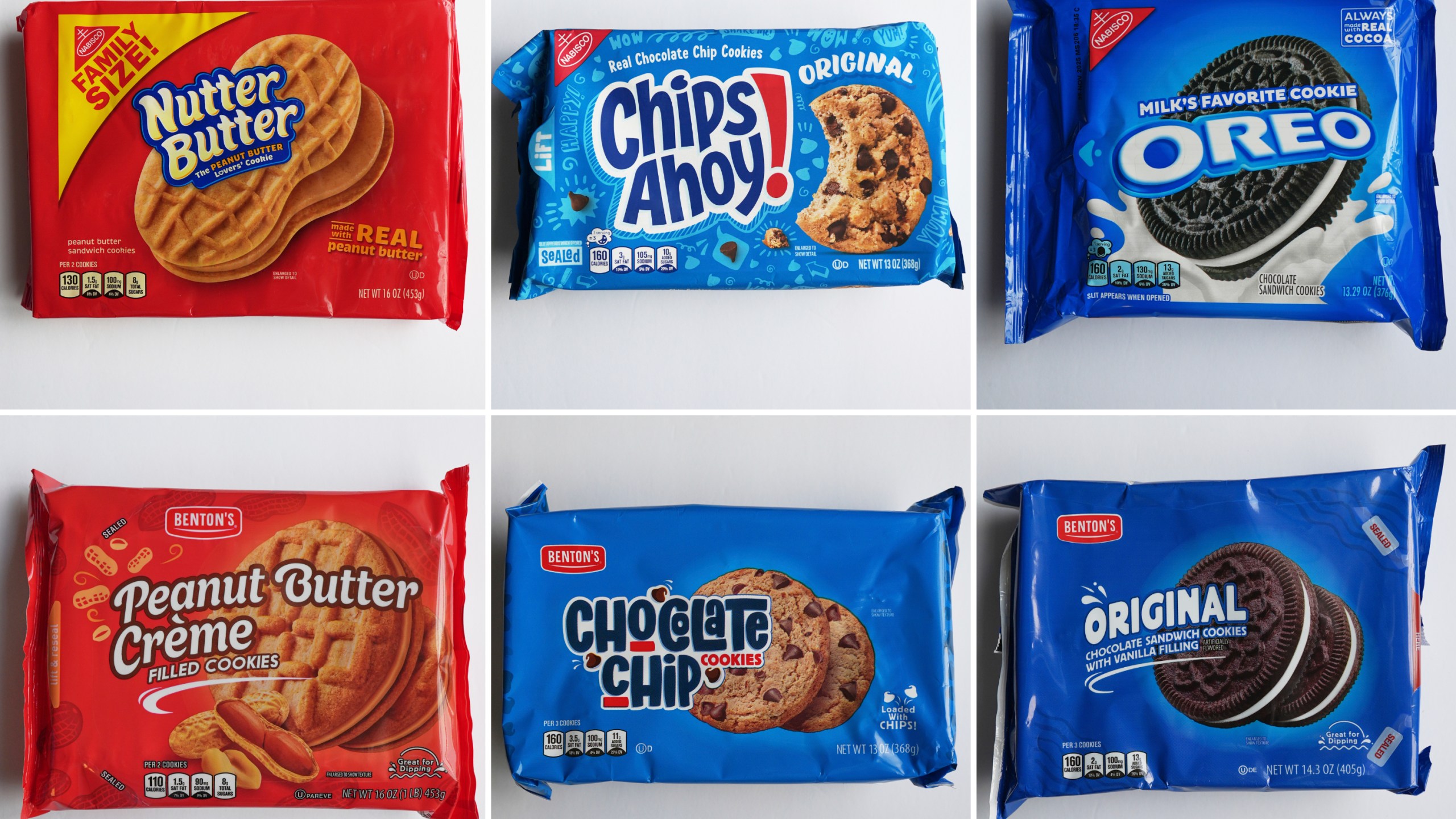 This combo of images shows, top row from left, Mondelez's products Nutter Butter, Chips Ahoy! and Oreo cookies; bottom row from left, shows Aldi’s products, Peanut Butter Creme, Chocolate Chip Cookies and Original Chocolate Sandwich Cookies with Vanilla Filing, Thursday, May 29, 2025, in Glenview, Ill. (AP Photos/Nam Y. Huh)
