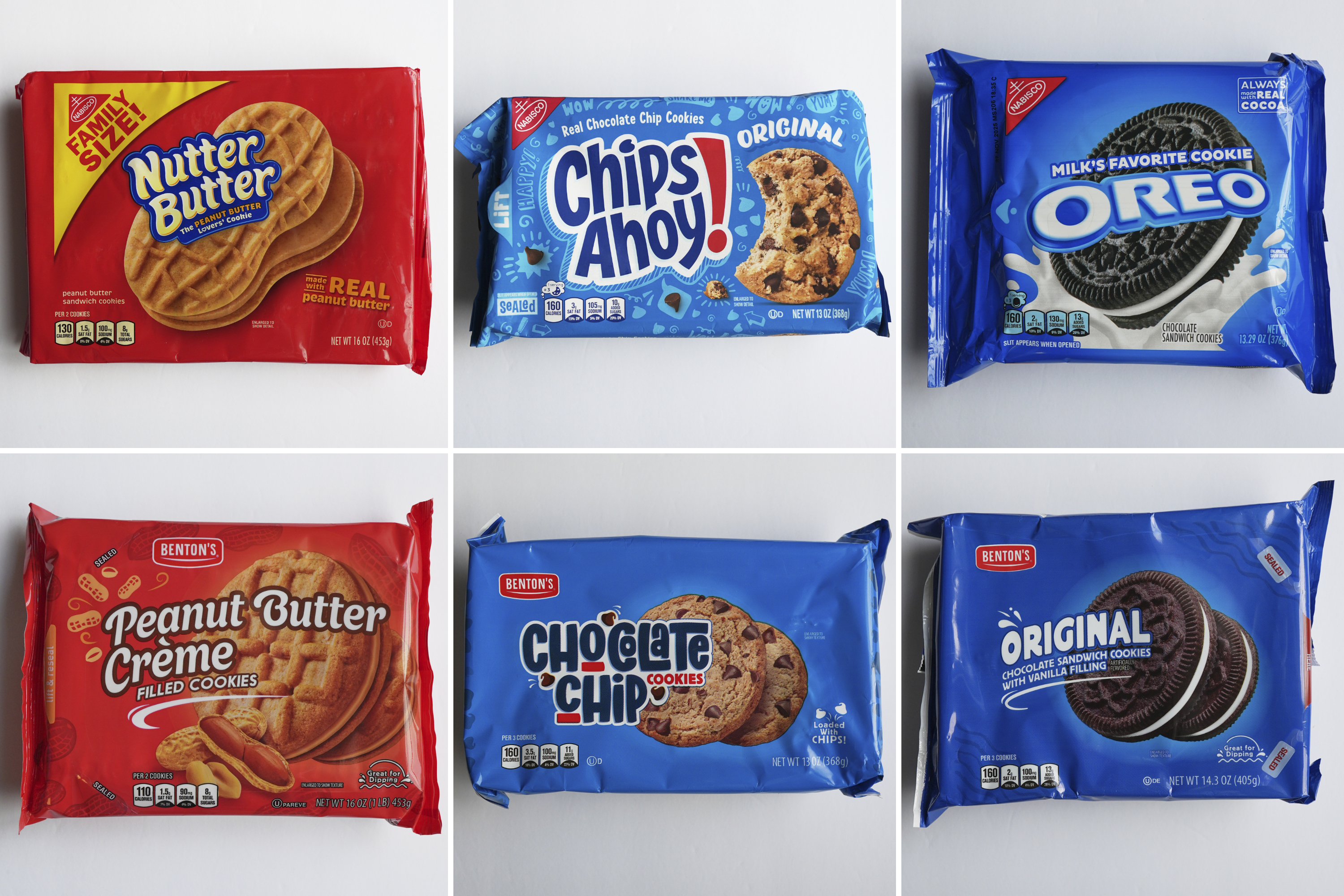 This combo of images shows, top row from left, Mondelez's products Nutter Butter, Chips Ahoy! and Oreo cookies; bottom row from left, shows Aldi’s products, Peanut Butter Creme, Chocolate Chip Cookies and Original Chocolate Sandwich Cookies with Vanilla Filing, Thursday, May 29, 2025, in Glenview, Ill. (AP Photos/Nam Y. Huh)