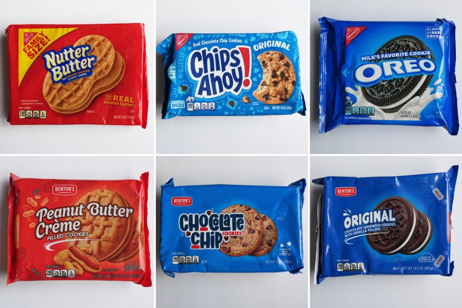 This combo of images shows, top row from left, Mondelez's products Nutter Butter, Chips Ahoy! and Oreo cookies; bottom row from left, shows Aldi’s products, Peanut Butter Creme, Chocolate Chip Cookies and Original Chocolate Sandwich Cookies with Vanilla Filing, Thursday, May 29, 2025, in Glenview, Ill. (AP Photos/Nam Y. Huh)