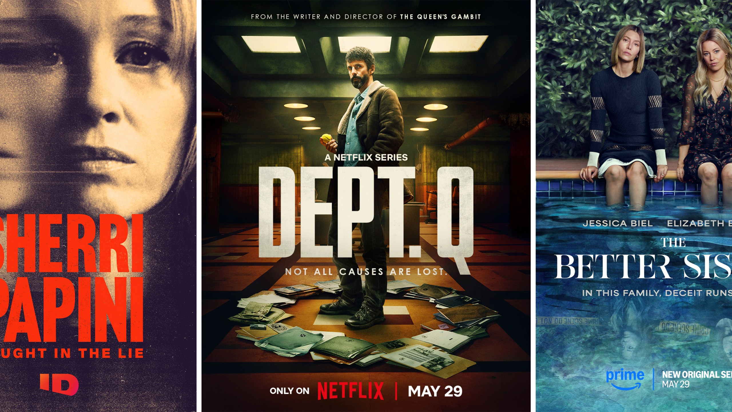 This combination of images shows promotional art for "Sherri Papini: Caught in the Lie", from left, " Dept. Q", and "The Better Sister." (Investigation Discovery/Netflix/Prime Video via AP)