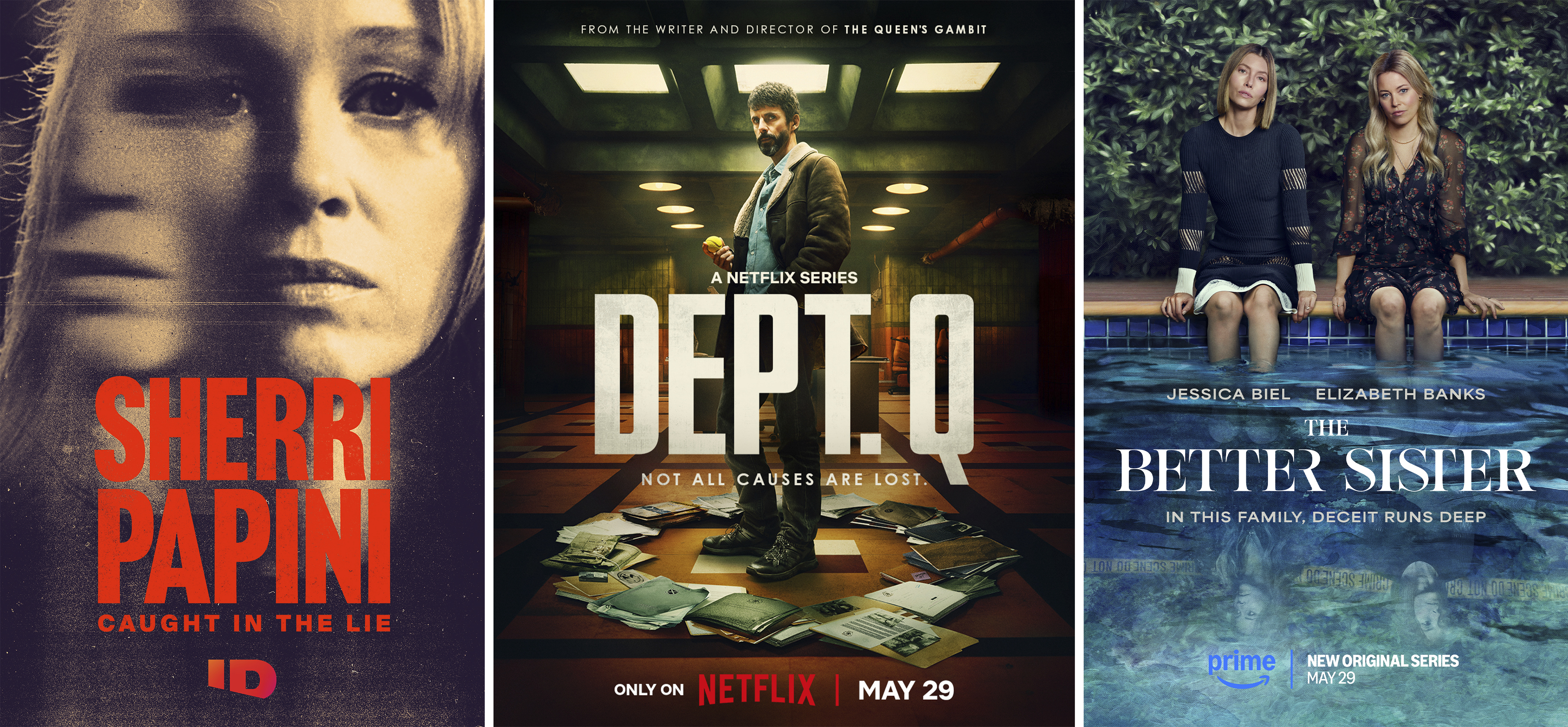 This combination of images shows promotional art for "Sherri Papini: Caught in the Lie", from left, " Dept. Q", and "The Better Sister." (Investigation Discovery/Netflix/Prime Video via AP)