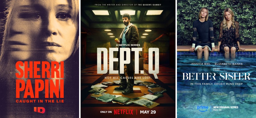 This combination of images shows promotional art for "Sherri Papini: Caught in the Lie", from left, " Dept. Q", and "The Better Sister." (Investigation Discovery/Netflix/Prime Video via AP)