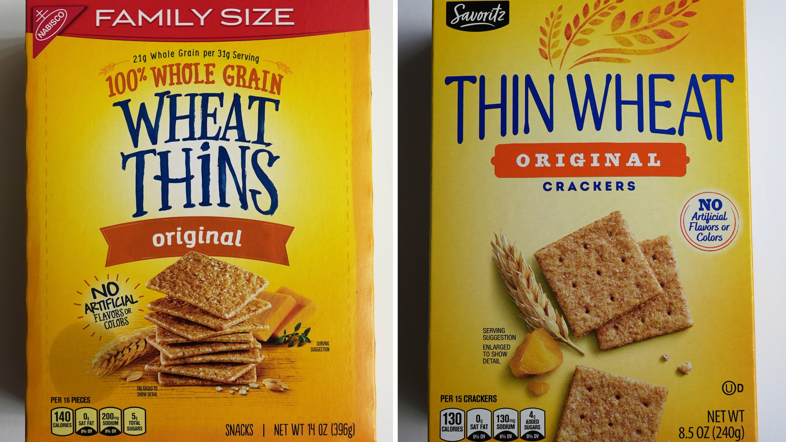 This combo of images shows, Mondelez's Wheat Thins, left, and, Aldi’s Thin Wheat, Thursday, May 29, 2025, in Glenview, Ill. (AP Photos/Nam Y. Huh)