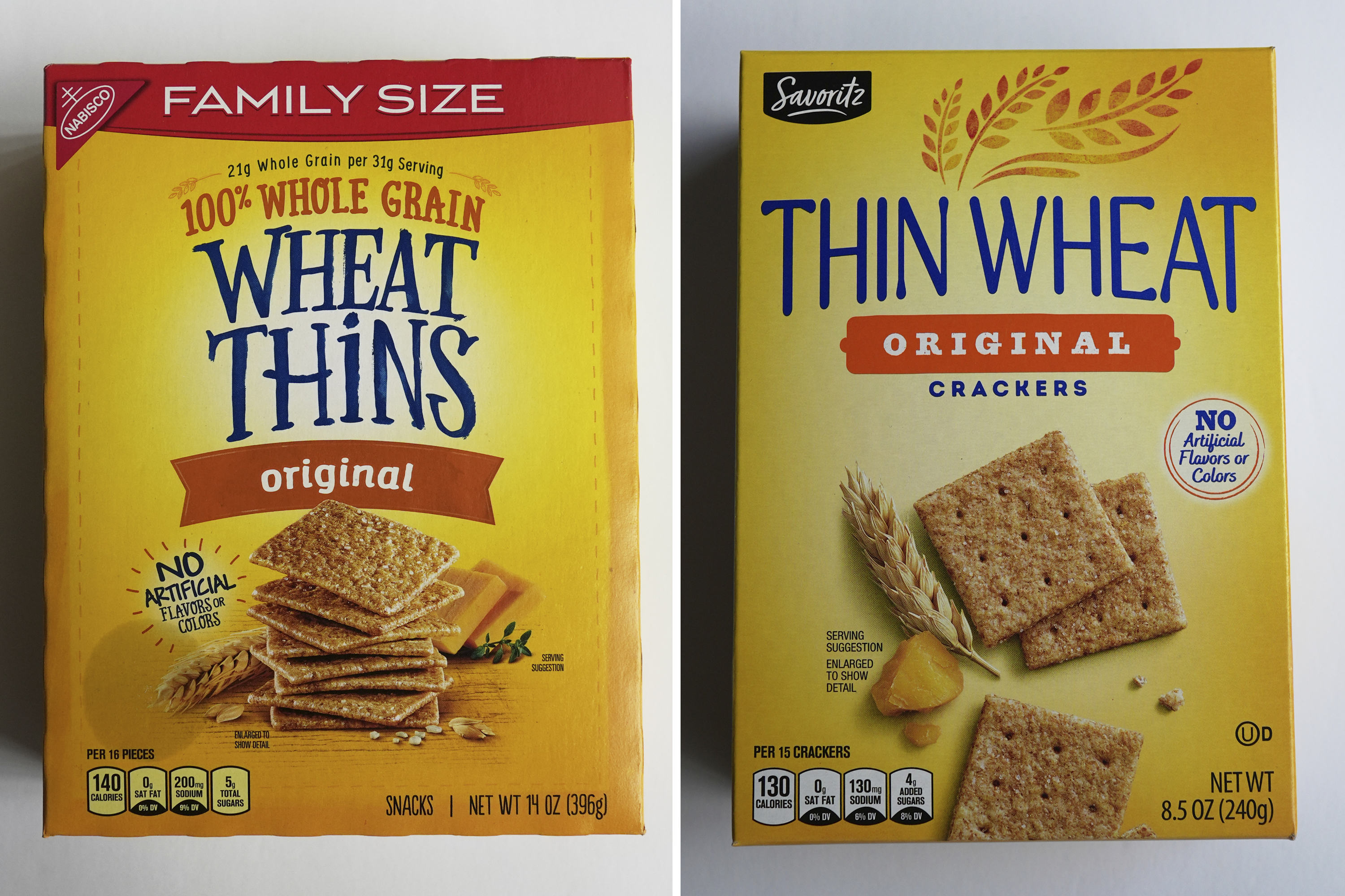 This combo of images shows, Mondelez's Wheat Thins, left, and, Aldi’s Thin Wheat, Thursday, May 29, 2025, in Glenview, Ill. (AP Photos/Nam Y. Huh)