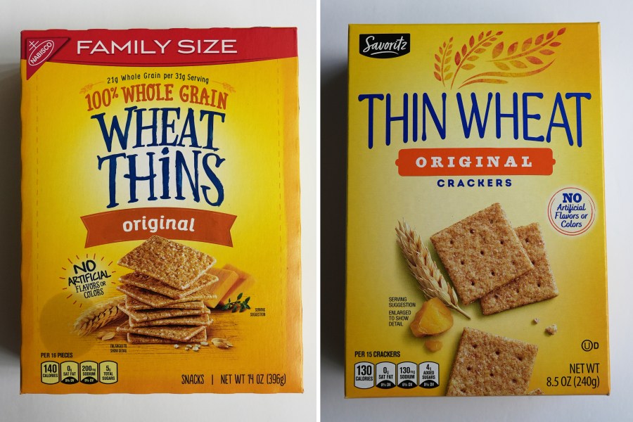 This combo of images shows, Mondelez's Wheat Thins, left, and, Aldi’s Thin Wheat, Thursday, May 29, 2025, in Glenview, Ill. (AP Photos/Nam Y. Huh)