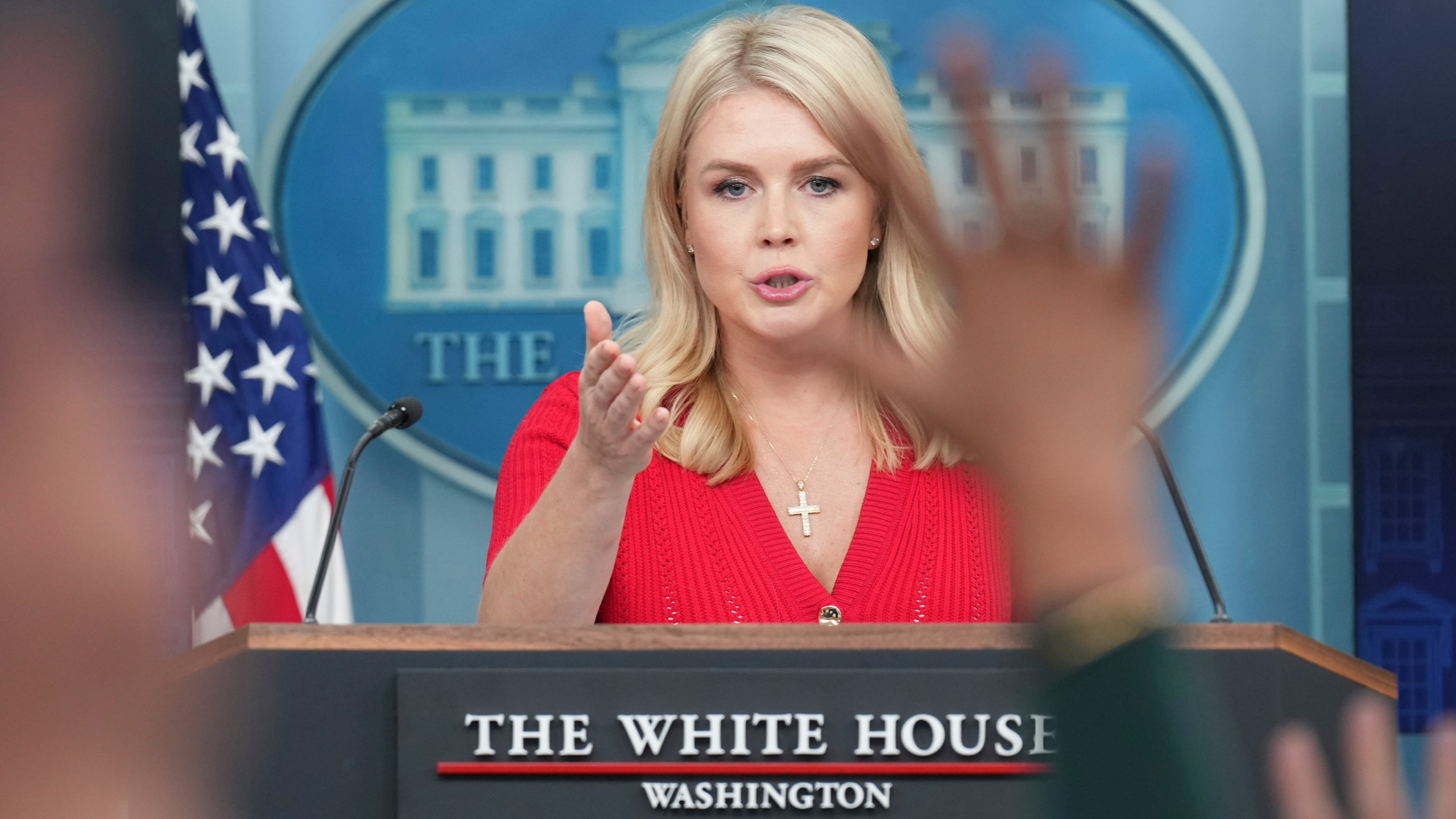 White House press secretary Karoline Leavitt speaks with reporters in the James Brady Press Briefing Room at the White House, Thursday, May 29, 2025, in Washington. (AP Photo/Jacquelyn Martin)