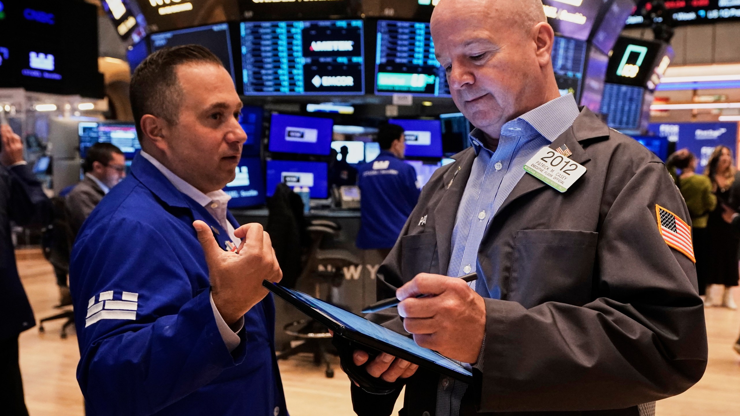 Specialist Gennaro Saporito, left, and trader Patrick Casey work on the floor of the New York Stock Exchange, Thursday, May 29, 2025. (AP Photo/Richard Drew)