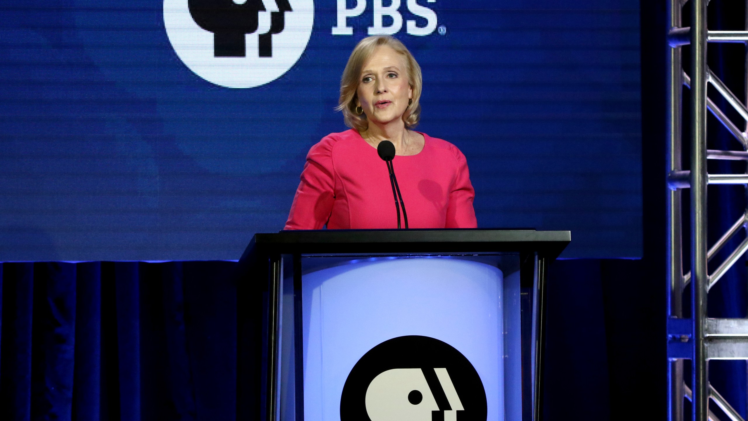 FILE - President and CEO of PBS Paula Kerger speaks during the PBS Executive Session at the Television Critics Association Winter Press Tour at The Langham Huntington, Feb. 2, 2019, in Pasadena, Calif. (Photo by Willy Sanjuan/Invision/AP, File)