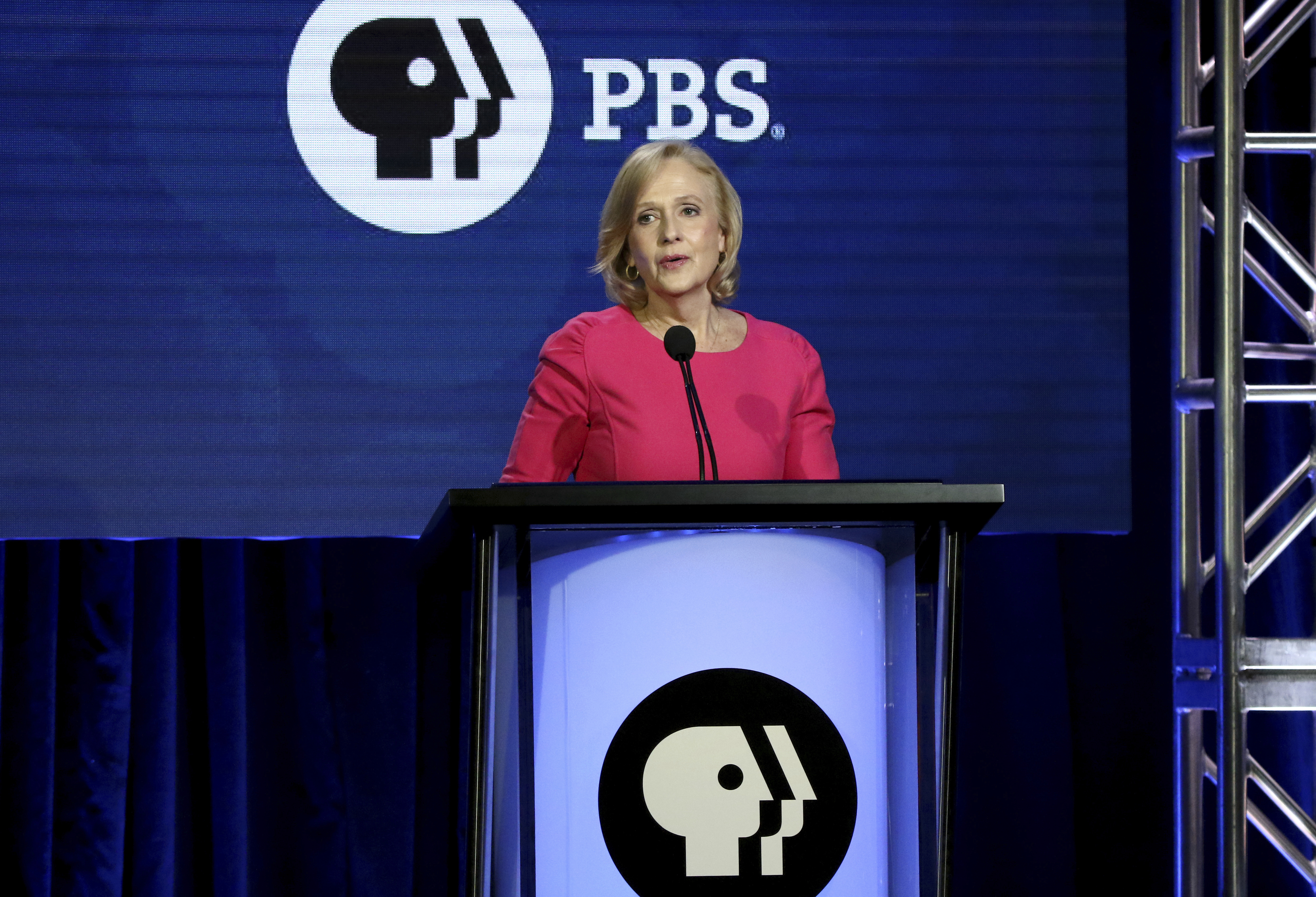 FILE - President and CEO of PBS Paula Kerger speaks during the PBS Executive Session at the Television Critics Association Winter Press Tour at The Langham Huntington, Feb. 2, 2019, in Pasadena, Calif. (Photo by Willy Sanjuan/Invision/AP, File)