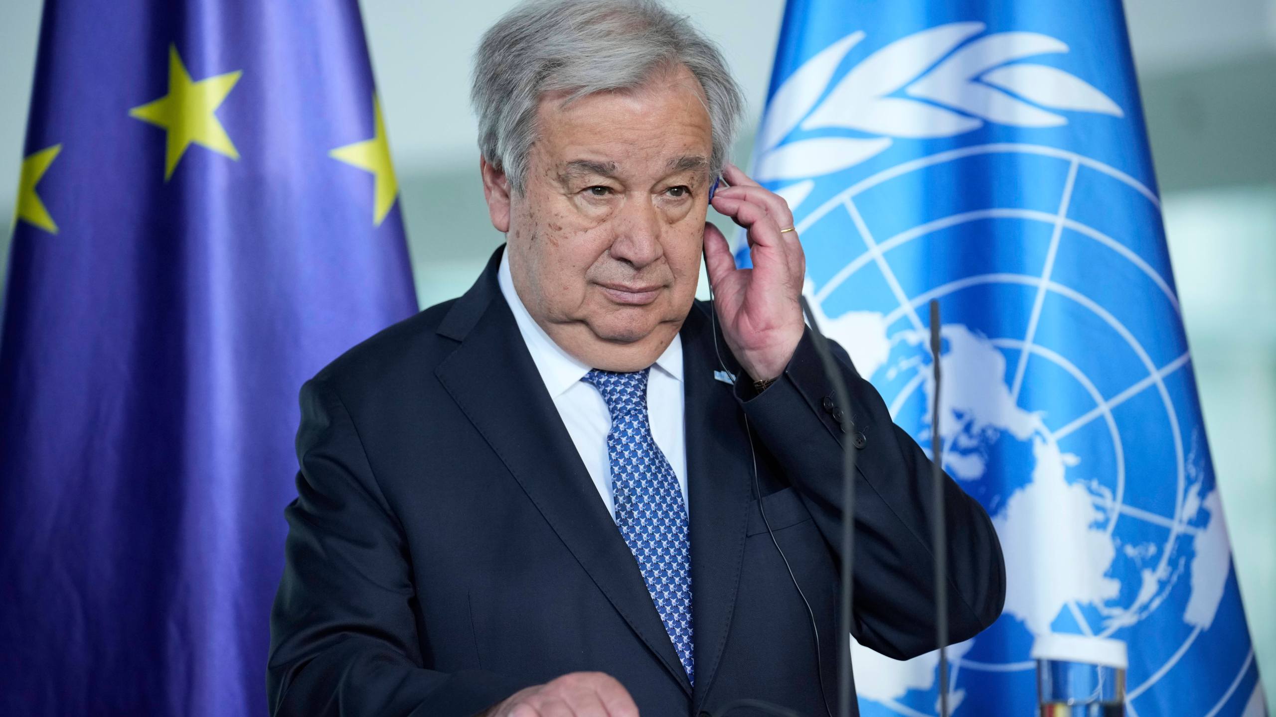 Secretary-General of the United Nations, Antonio Guterres, attends a joint press conference with German Chancellor Friedrich Merz, in the chancellory in Berlin, Germany, Wednesday, May 14, 2025. (AP Photo/Ebrahim Noroozi)