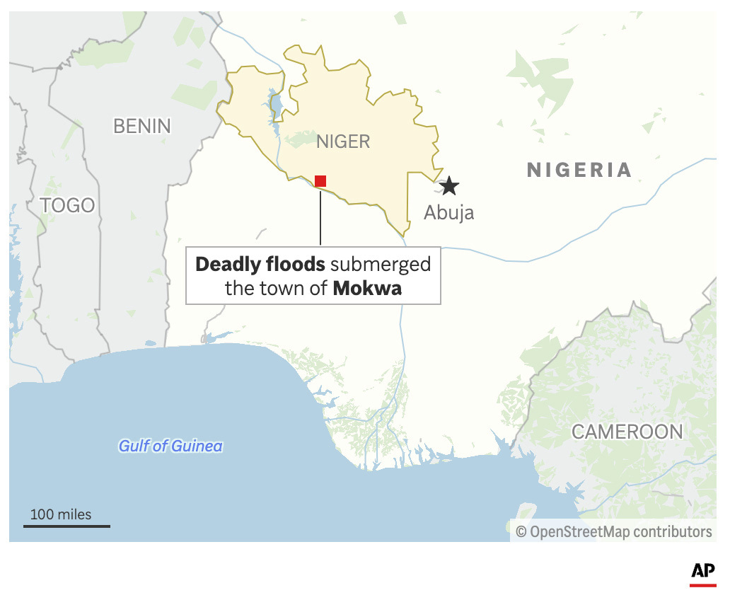 The map above locates Mokwa, Nigeria, where floods have submerged the town and caused at least 100 deaths. (AP Graphic)