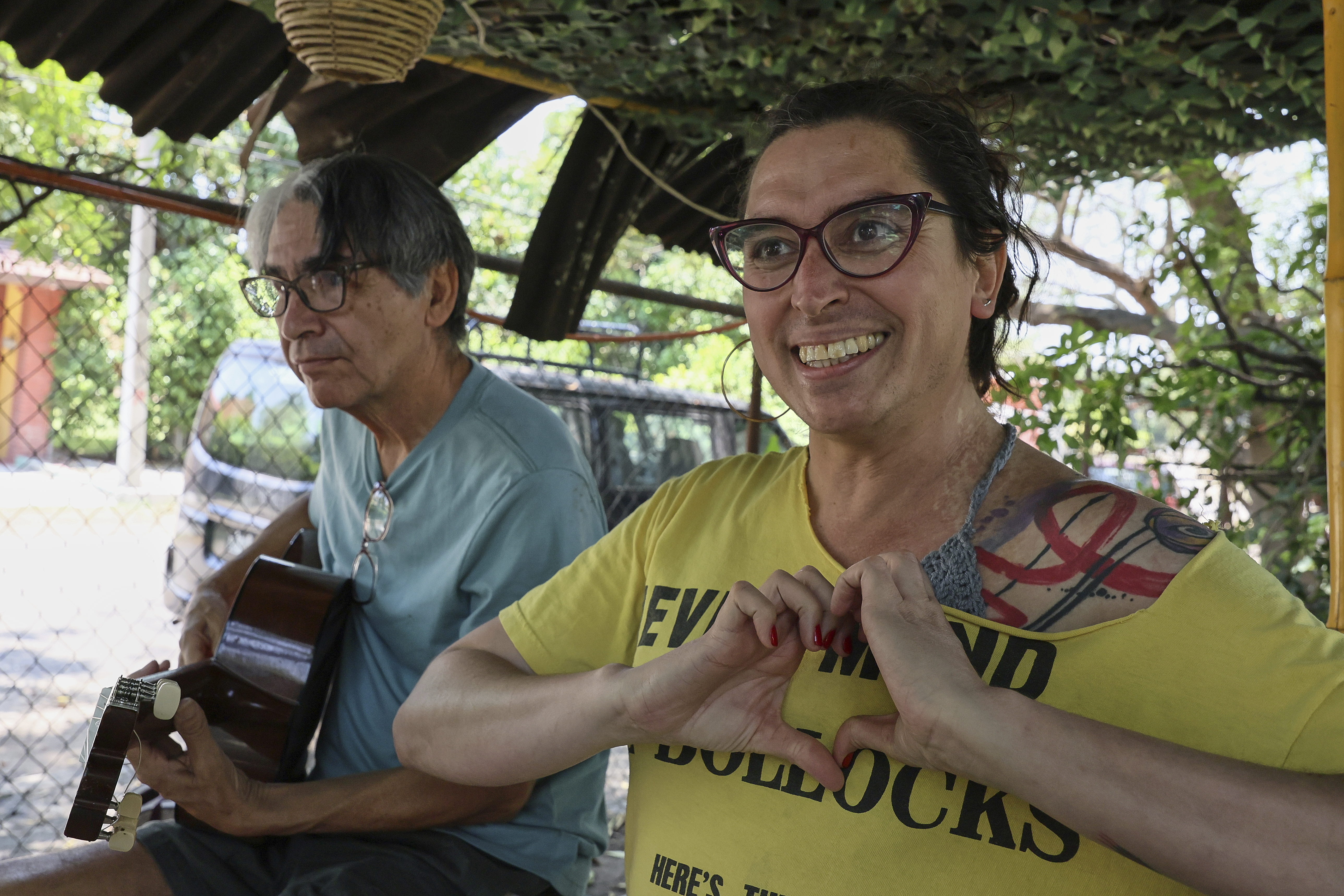 Mulato Teatro cast members, transgender actress Annya Atanasio Cadena and musician Jesús Peredo, rehearse for their upcoming performance at the First International Afro-Scenic Festival, in Ticumán, Mexico, Saturday, May 17, 2025. (AP Photo/Ginnette Riquelme)