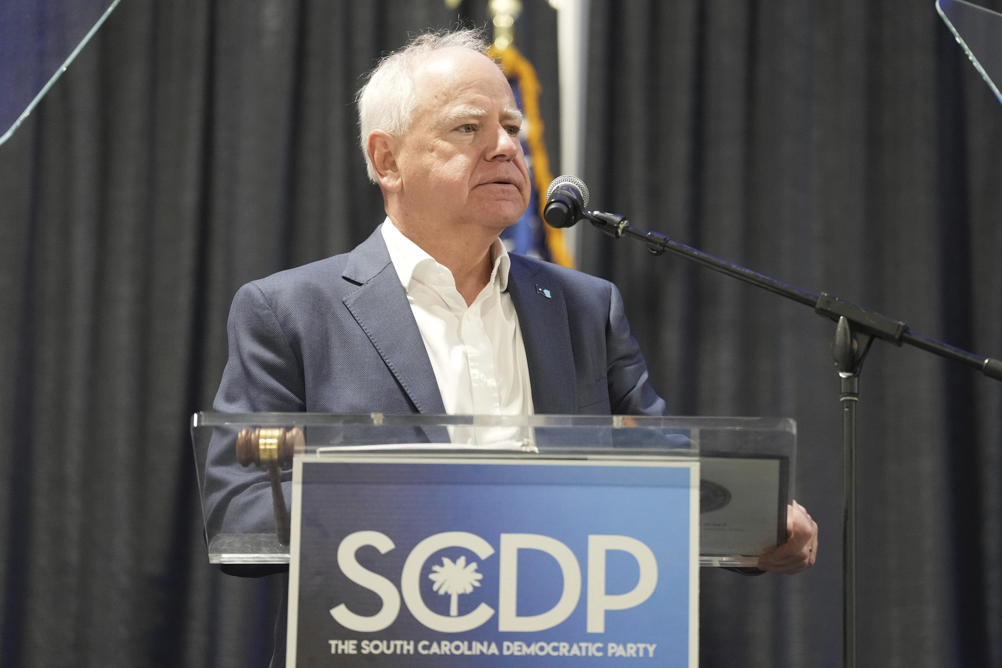 Minnesota Gov. Tim Walz speaks to delegates at the South Carolina Democratic Party Convention, Saturday, May 31, 2025, in Columbia, S.C. (AP Photo/Meg Kinnard)