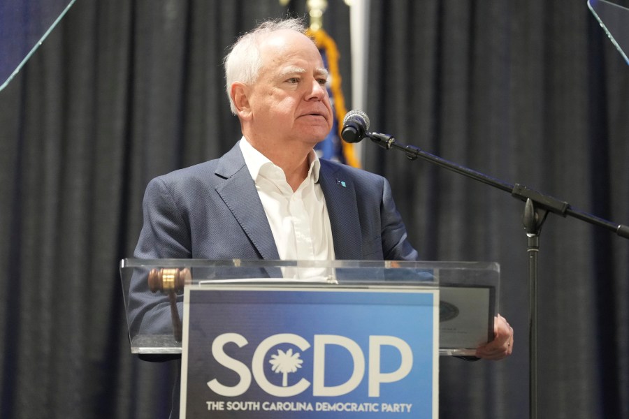 Minnesota Gov. Tim Walz speaks to delegates at the South Carolina Democratic Party Convention, Saturday, May 31, 2025, in Columbia, S.C. (AP Photo/Meg Kinnard)