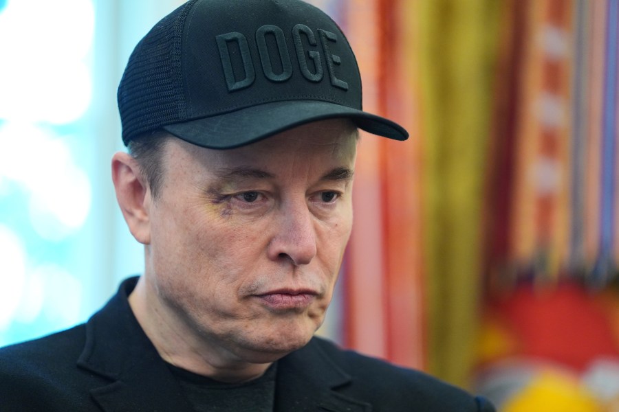 Elon Musk attends a news conference with President Donald Trump in the Oval Office of the White House, Friday, May 30, 2025, in Washington. (AP Photo/Evan Vucci)