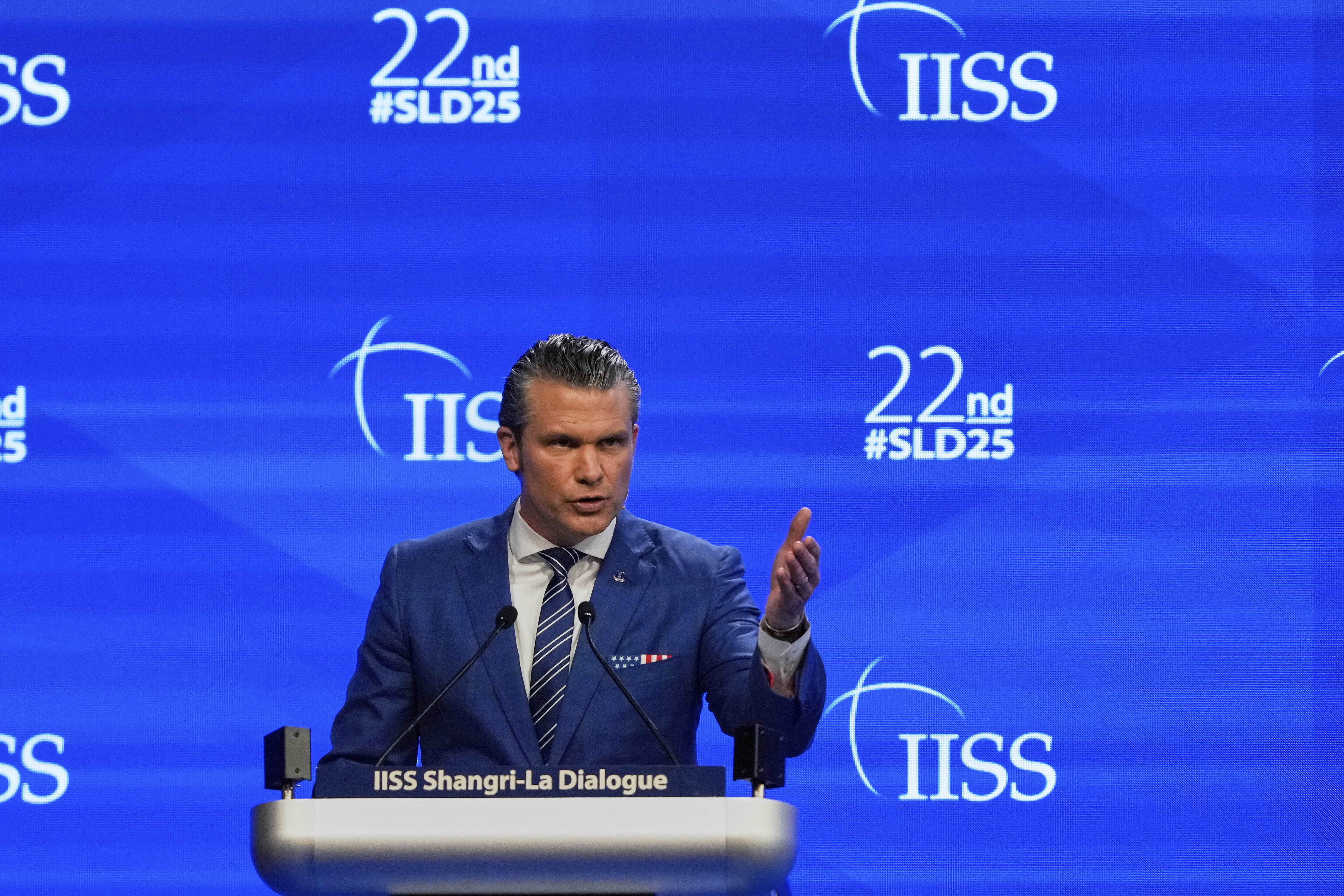 U.S. Defense Secretary Pete Hegseth delivers his speech during 22nd Shangri-La Dialogue summit in Singapore, Saturday, May 31, 2025. (AP Photo/Anupam Nath)