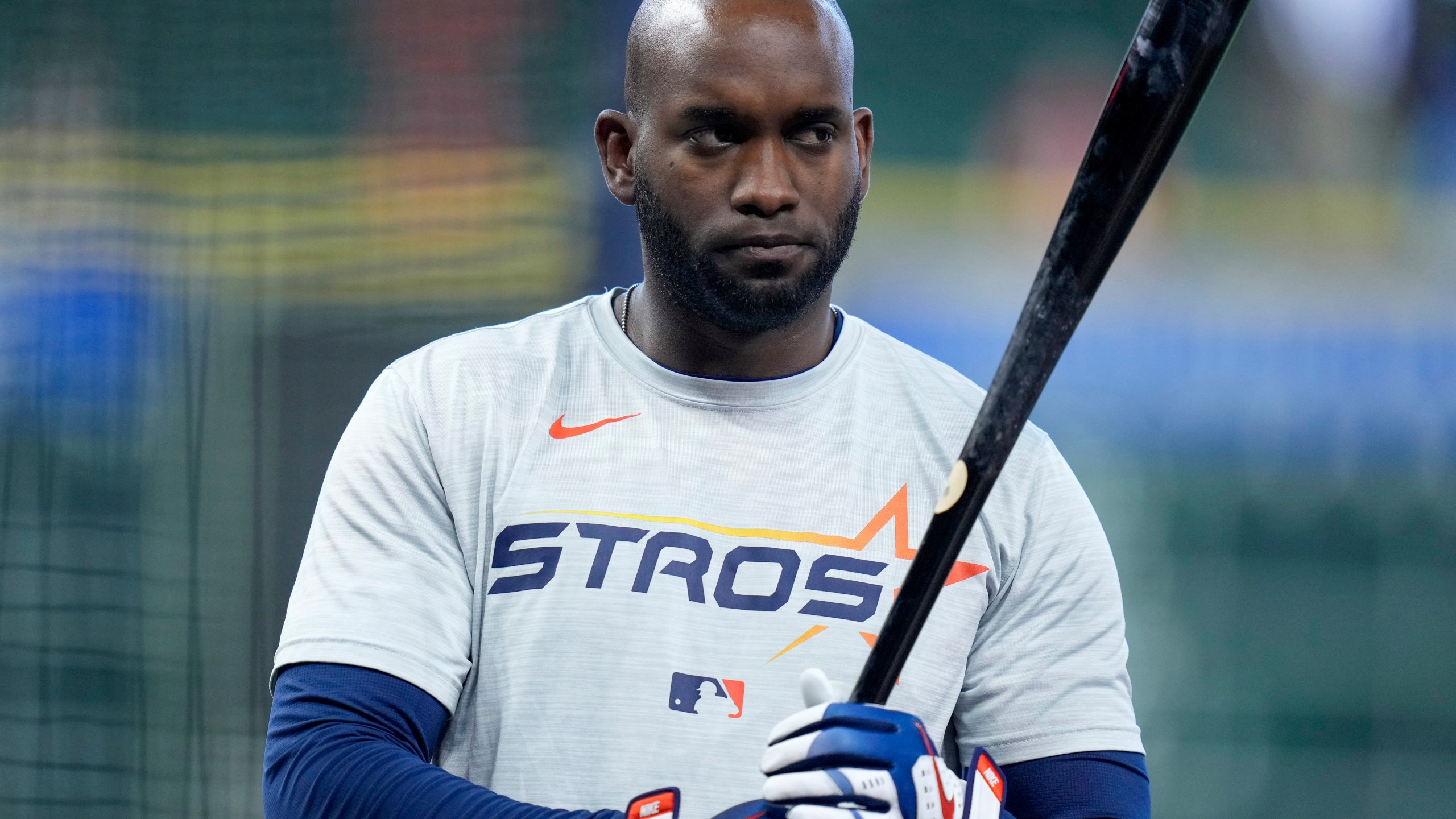 FILE - Houston Astros designated hitter Yordan Alvarez waits to hit during batting practice before a baseball game against the Toronto Blue Jays, April 21, 2025, in Houston. (AP Photo/Eric Christian Smith, File)