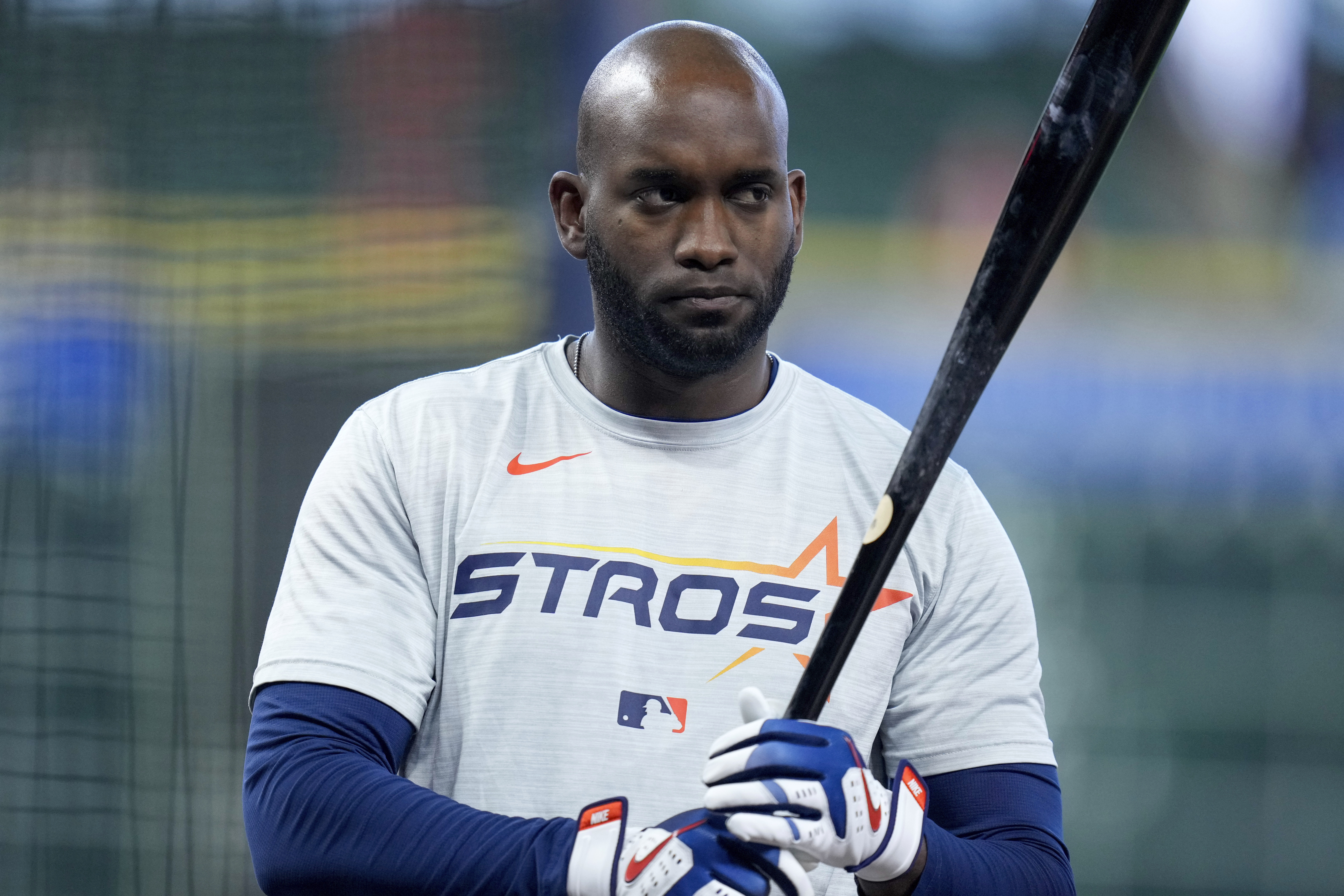 FILE - Houston Astros designated hitter Yordan Alvarez waits to hit during batting practice before a baseball game against the Toronto Blue Jays, April 21, 2025, in Houston. (AP Photo/Eric Christian Smith, File)