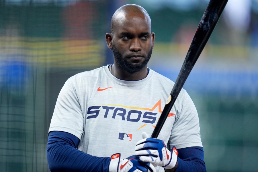 FILE - Houston Astros designated hitter Yordan Alvarez waits to hit during batting practice before a baseball game against the Toronto Blue Jays, April 21, 2025, in Houston. (AP Photo/Eric Christian Smith, File)