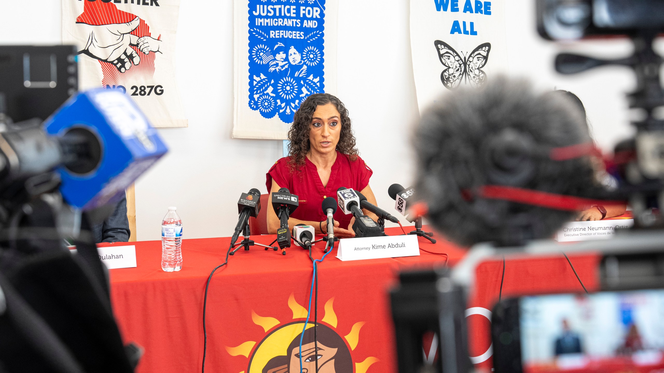 Kime Abduli, Ramon Morales Reyes' attorney addresses the media Friday, May 30, 2025 in Milwaukee about the detention of her client Ramon Morales Reyes. (AP Photo/Andy Manis)