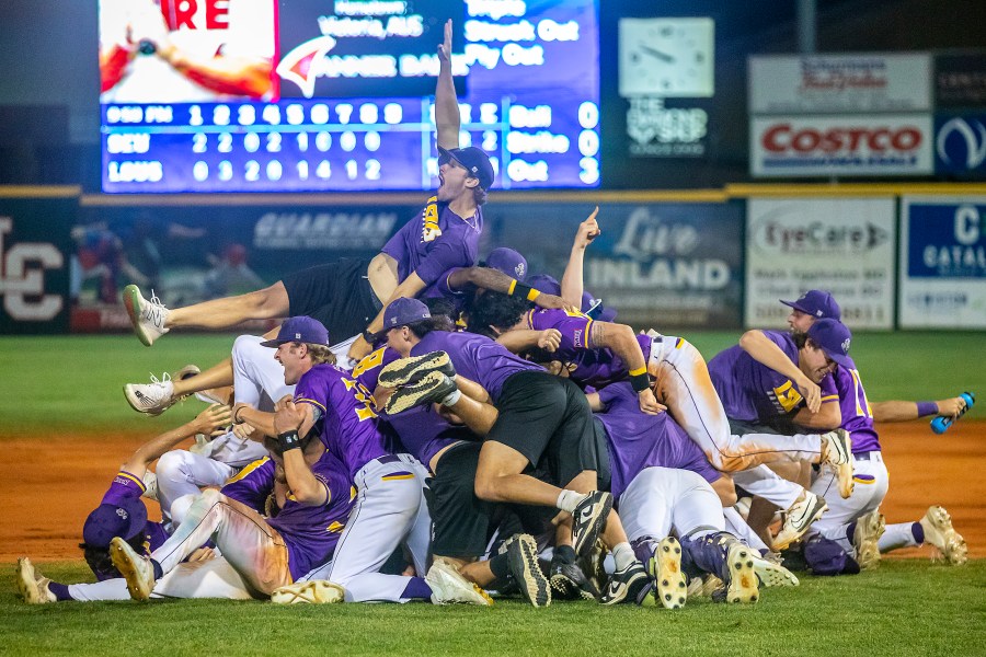 LSU Shreveport celebrates after defeating Southeastern of Florida to win the championship game of the NAIA World Series college baseball game, Friday, May 30 2025, at Harris Field in Lewiston, Idaho. (August Frank/Lewiston Tribune via AP)