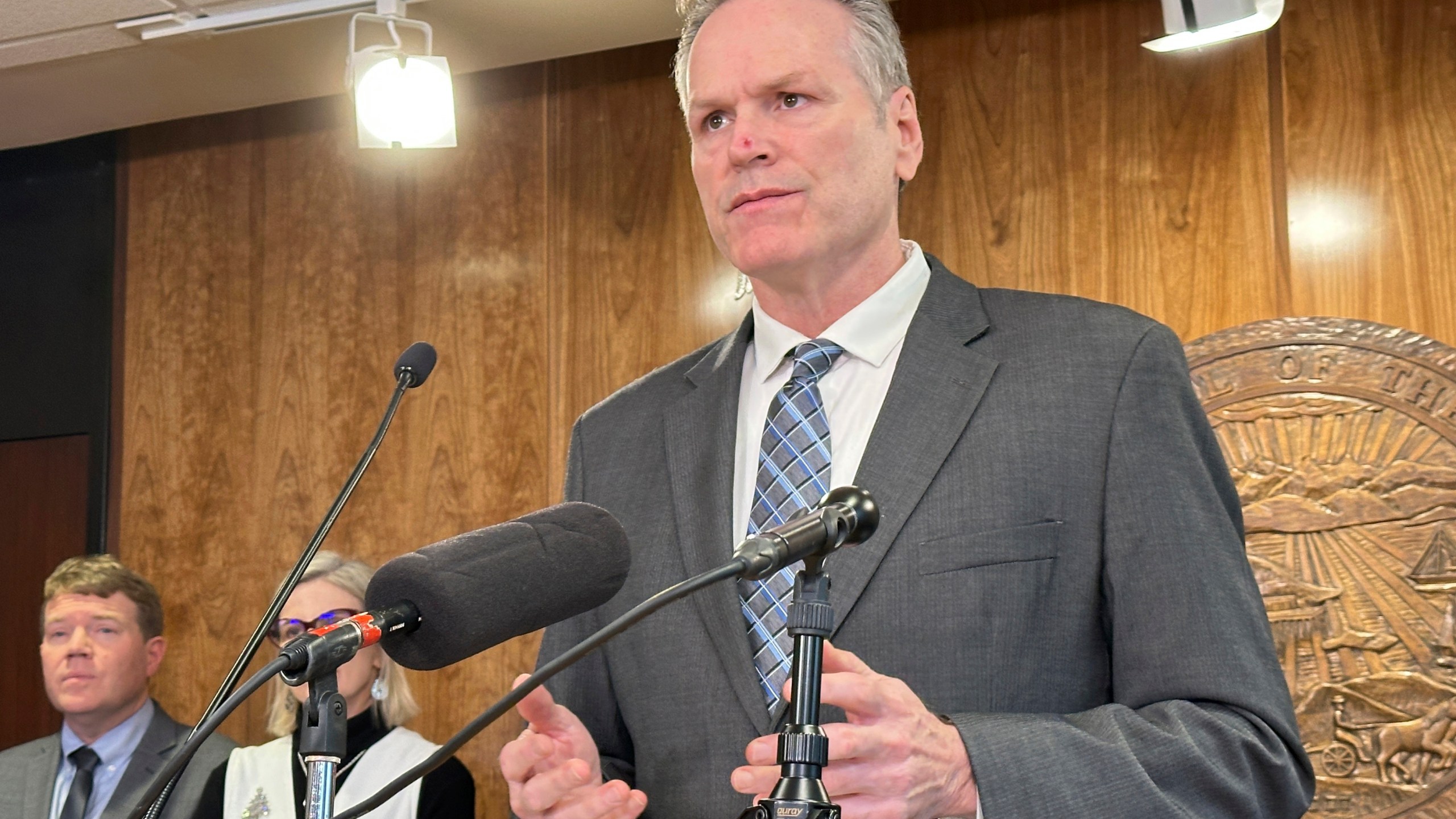 FILE - Alaska Gov. Mike Dunleavy holds a news conference on Dec. 12, 2024, in Juneau, Alaska. (AP Photo/Becky Bohrer, File)