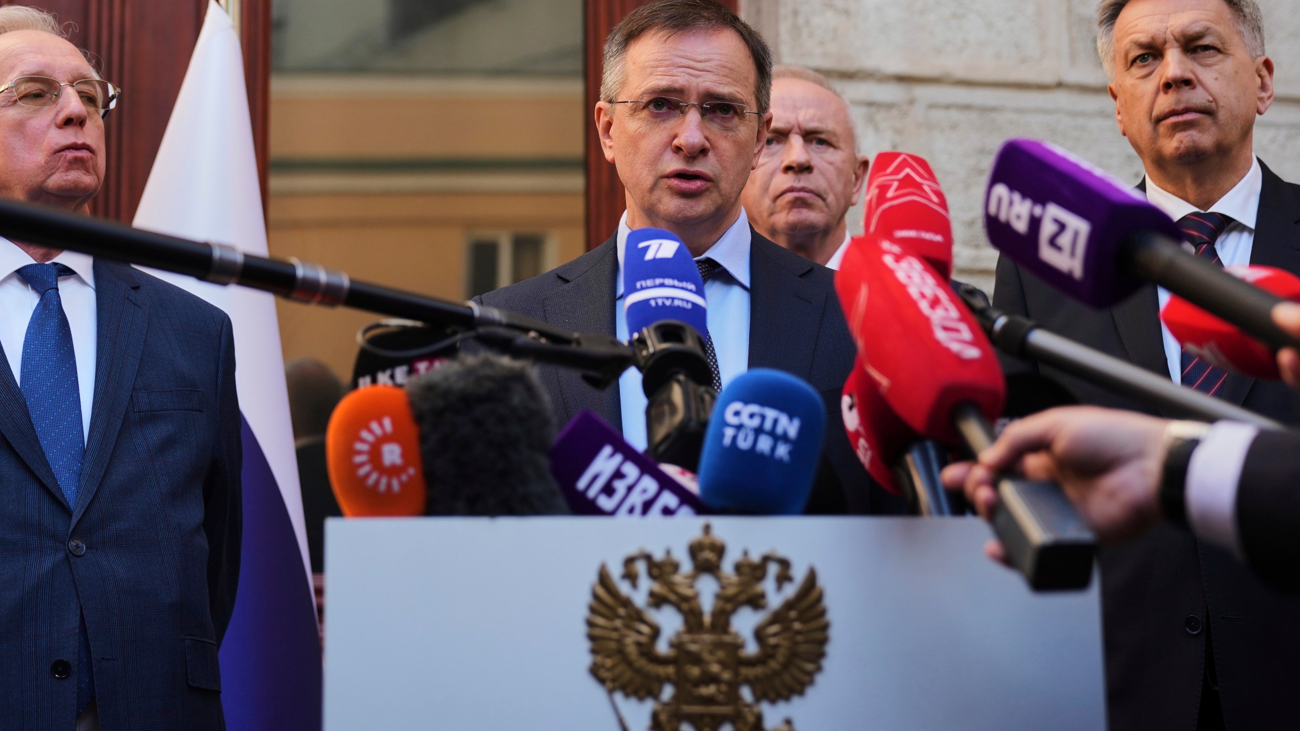 Russian presidential aide Vladimir Medinsky gives an statement to journalists at the Russian Consulate in Istanbul, Turkey, Thursday, May 15, 2025. (AP Photo/Francisco Seco)