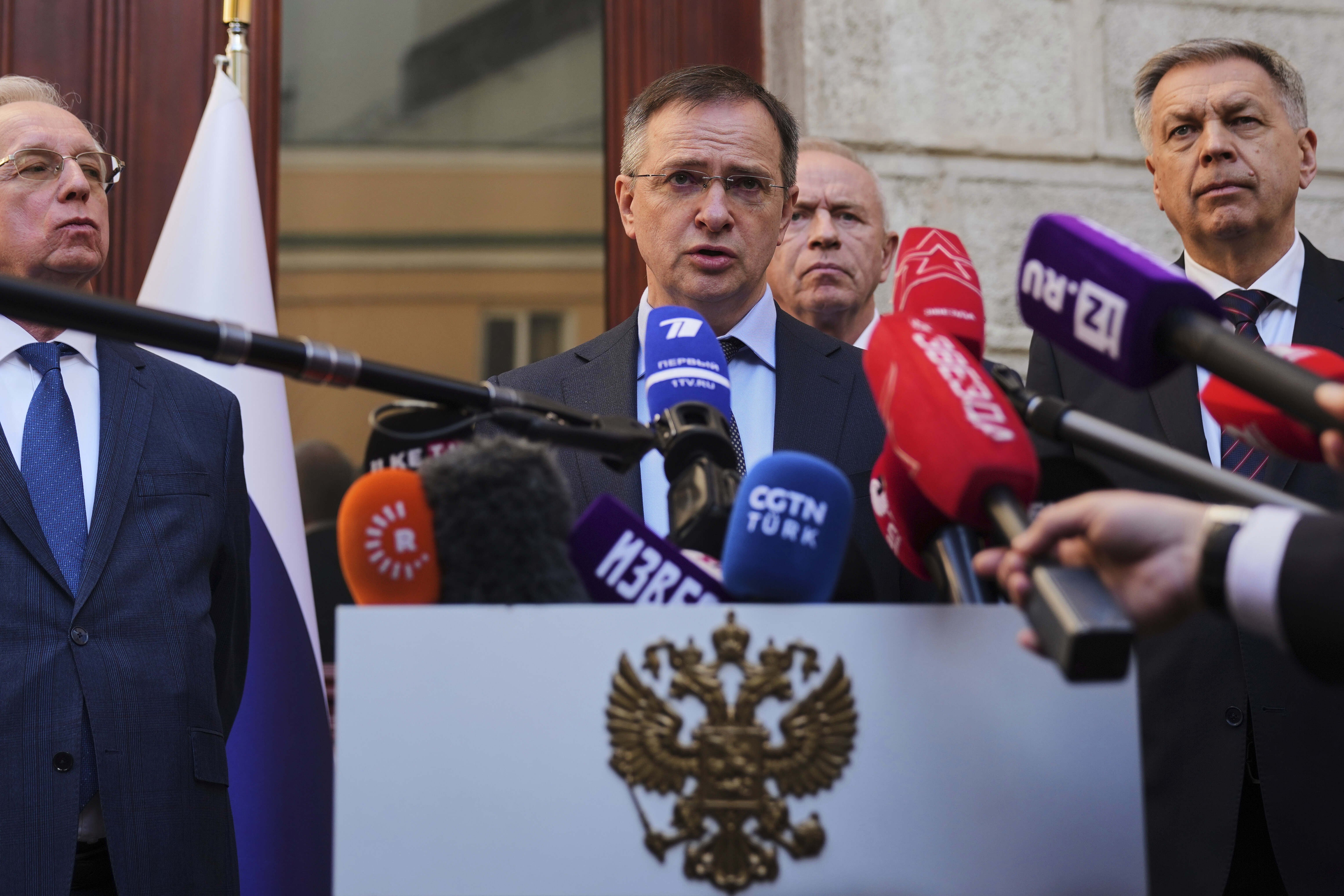 Russian presidential aide Vladimir Medinsky gives an statement to journalists at the Russian Consulate in Istanbul, Turkey, Thursday, May 15, 2025. (AP Photo/Francisco Seco)
