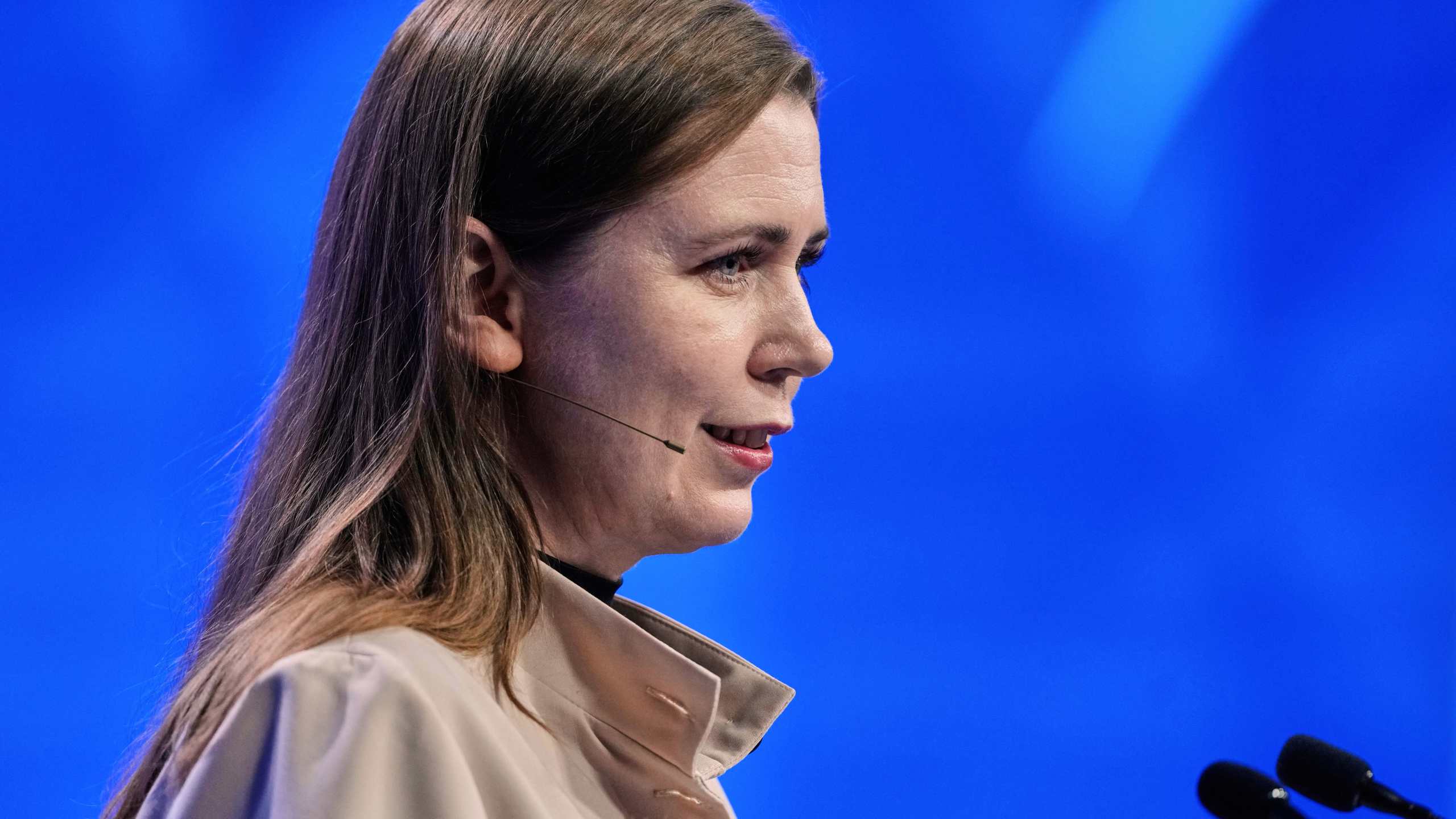 Lithuania's Defense Minister Dovile Sakaliene delivers her speech during the 22nd Shangri-La Dialogue summit in Singapore, Sunday, June 1, 2025. (AP Photo/Anupam Nath)
