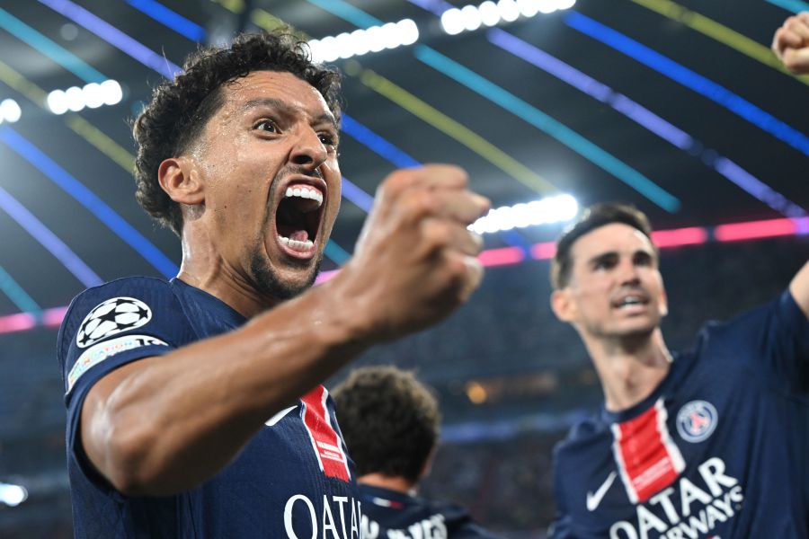 PSG's Marquinhos celebrates during the Champions League final soccer match between Paris Saint Germain and Inter Milan, at the Allianz Arena in Munich, Germany, Saturday, May 31, 2025. (Sven Hoppe/dpa via AP)