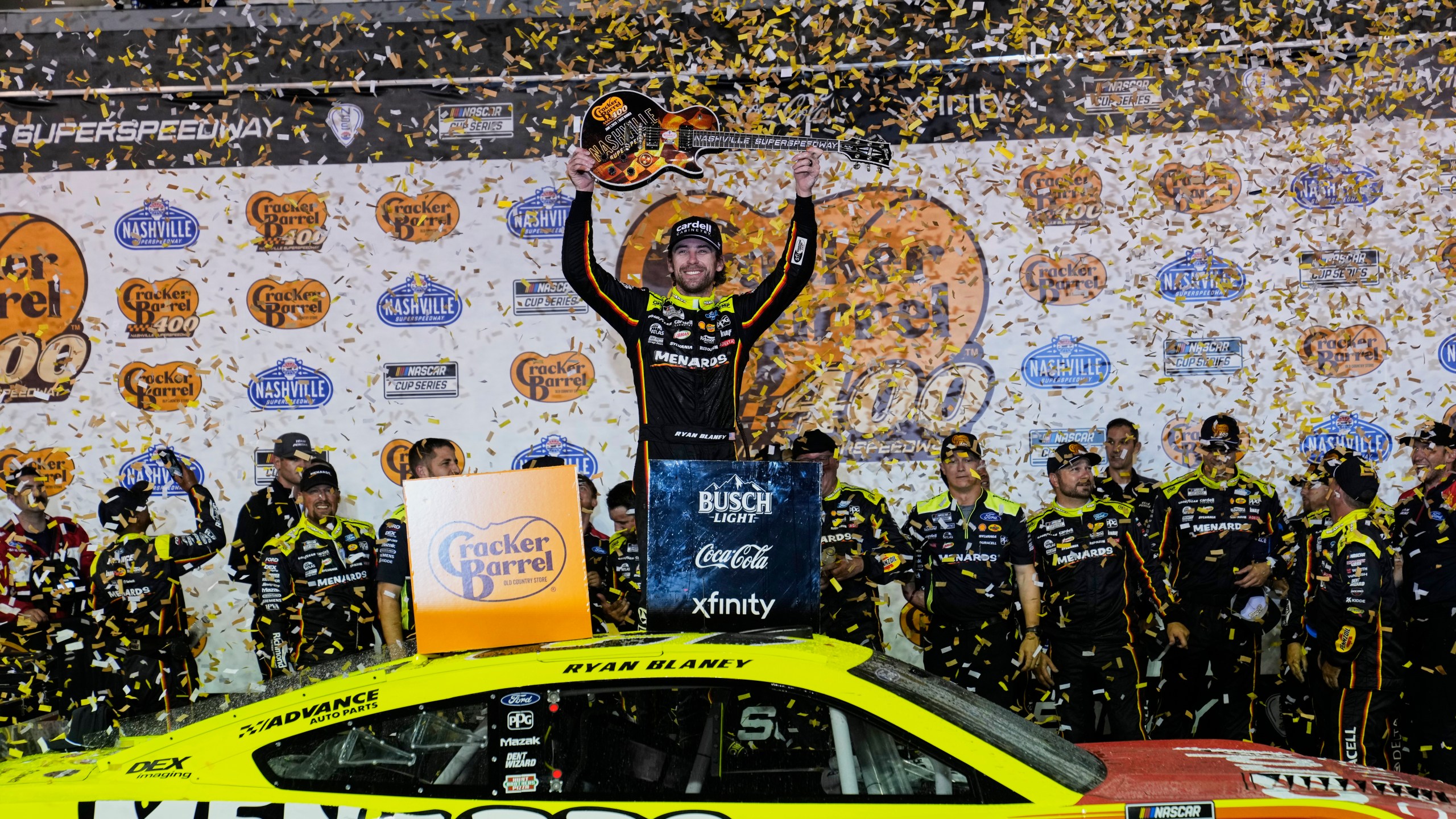 Ryan Blaney celebrates after winning a NASCAR Cup Series auto race Sunday, June 1, 2025, in Lebanon, Tenn. (AP Photo/George Walker IV)