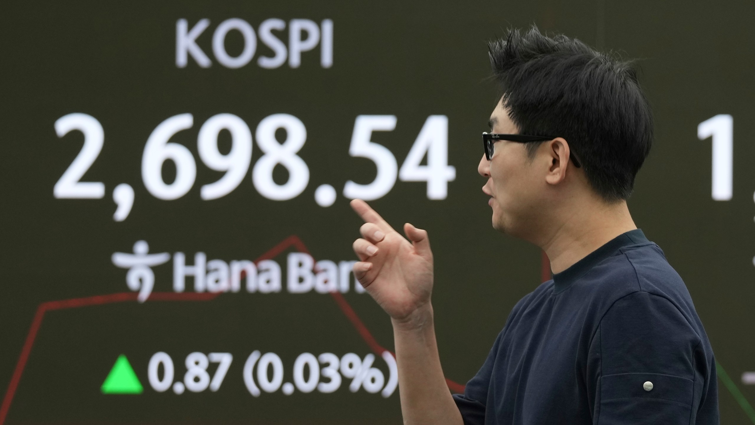 A dealer walks past a screen showing the Korea Composite Stock Price Index (KOSPI) at a dealing room of Hana Bank in Seoul, South Korea, Monday, June 2, 2025. (AP Photo/Lee Jin-man)