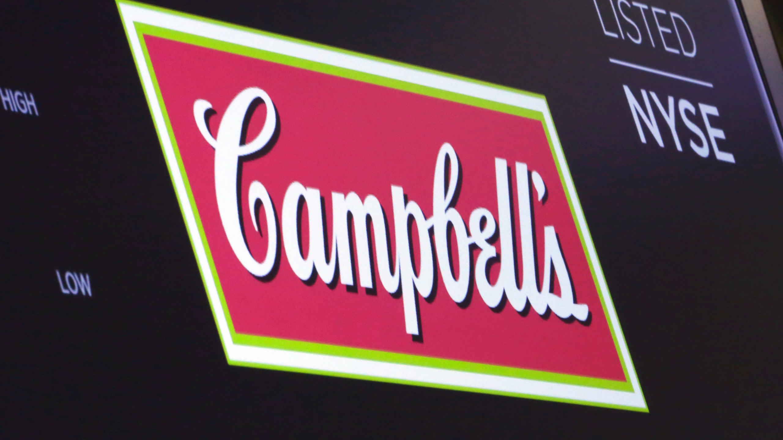 FILE - The logo for Campbell's Soup appears above a trading post on the floor of the New York Stock Exchange, May 18, 2018. (AP Photo/Richard Drew, File)