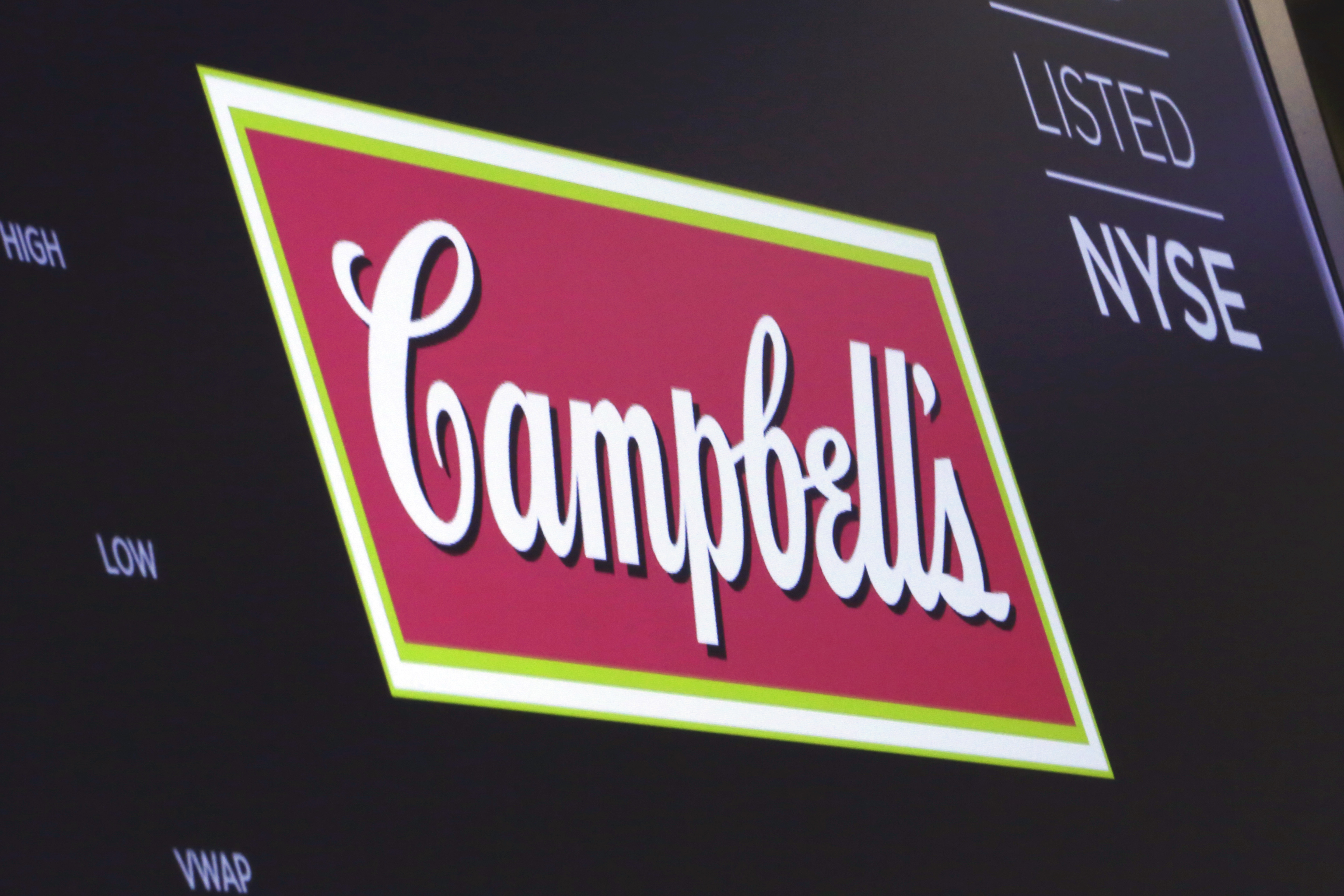 FILE - The logo for Campbell's Soup appears above a trading post on the floor of the New York Stock Exchange, May 18, 2018. (AP Photo/Richard Drew, File)