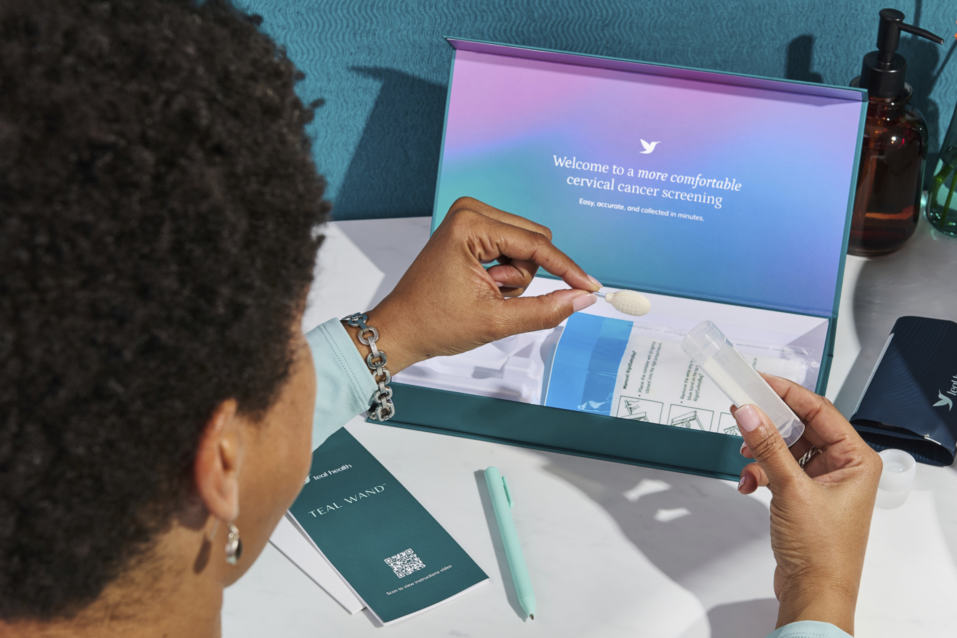 This photo provided by Teal Health in May 2025 shows the company’s Teal Wand self-collection kit for at-home cervical cancer screening. (Nicole Morrison/Teal Health via AP)